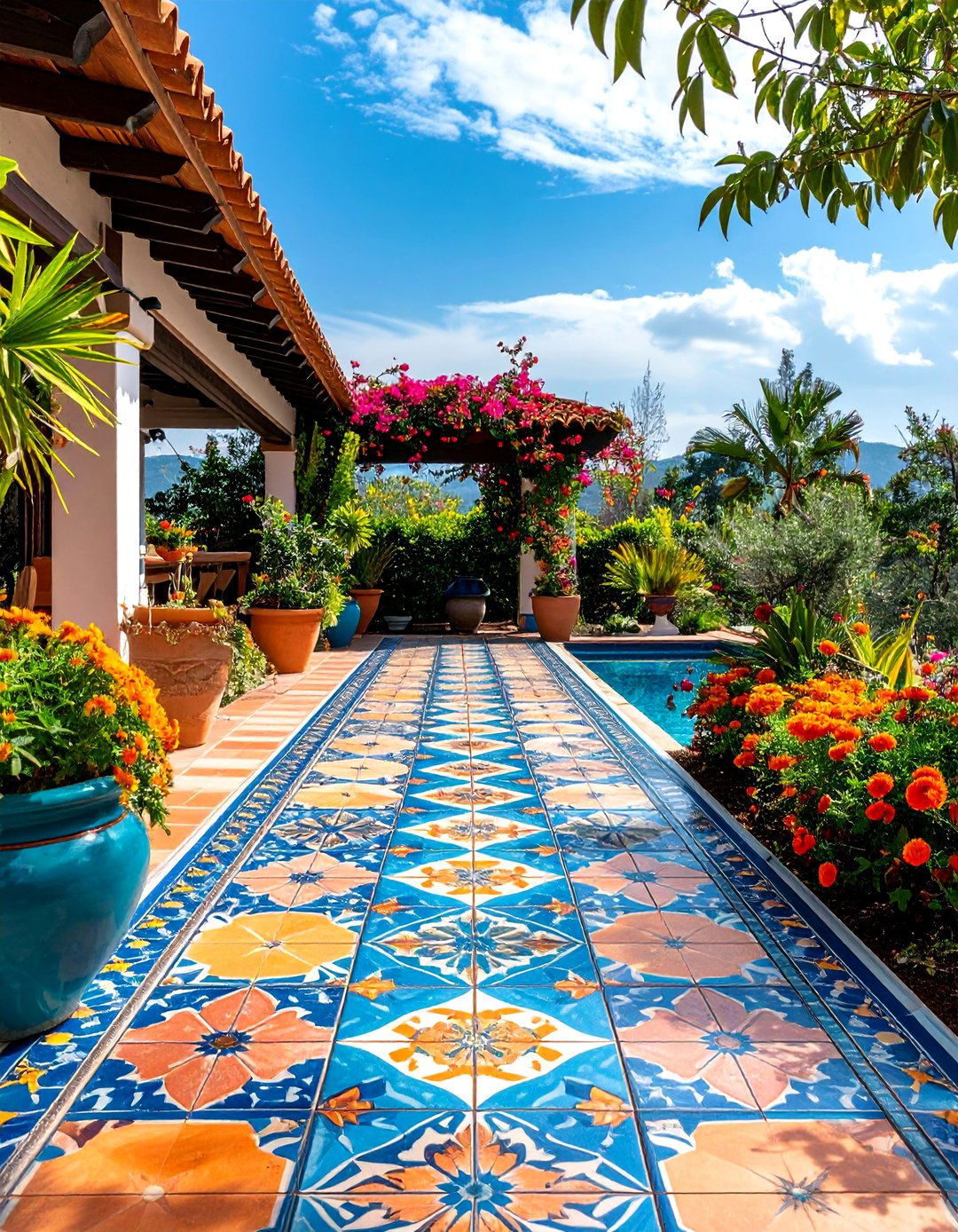 Outdoor Ceramic Tile Patio with Decorative Pattern Accents - 25 Patio Flooring Ideas
