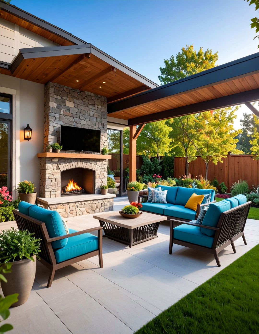 Outdoor Covered Patio with Weather Resistant Setup - 25 Tv Over Fireplace Ideas