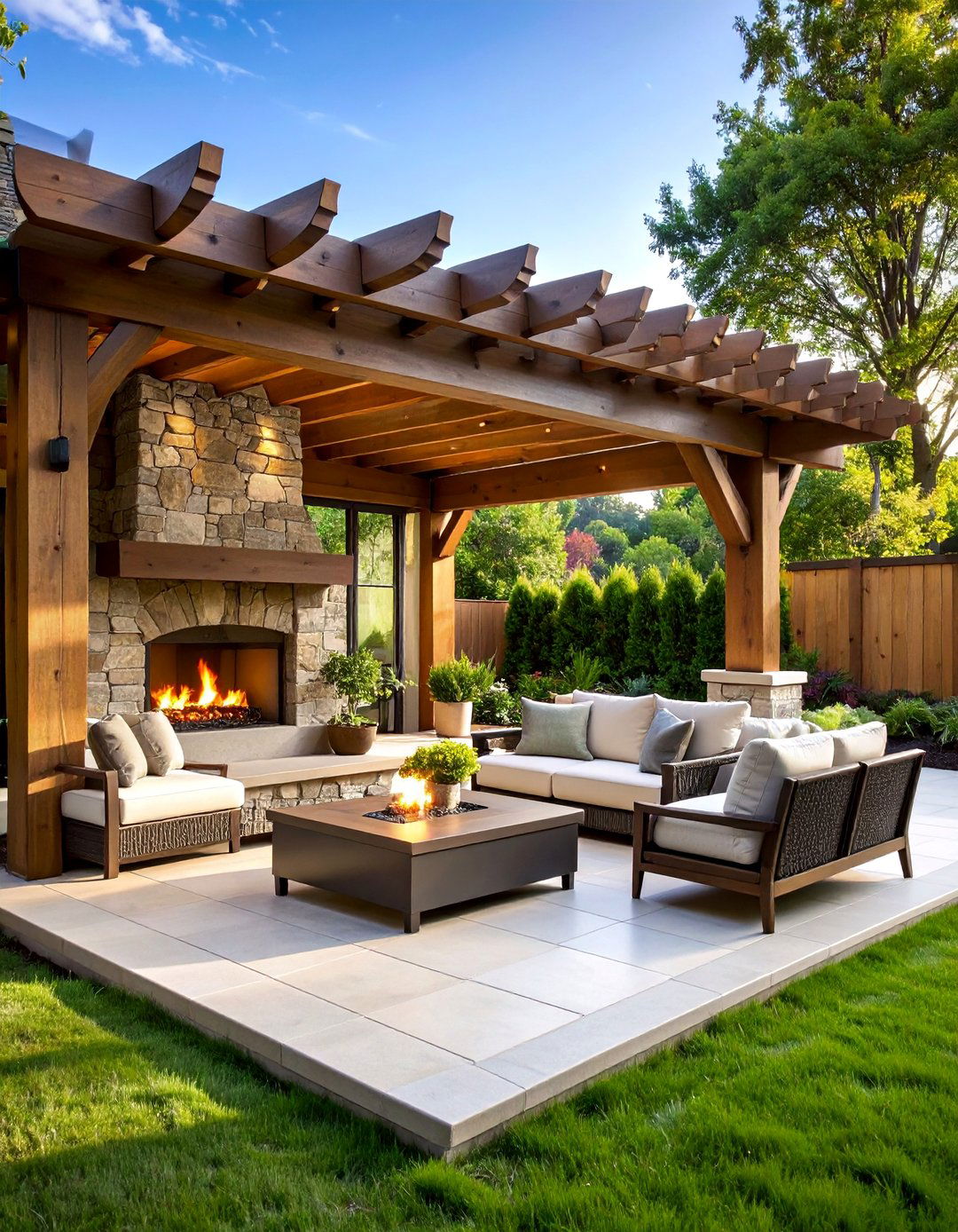 Outdoor Craftsman Fireplace with Pergola Integration - 25 Craftsman-style Fireplace Ideas