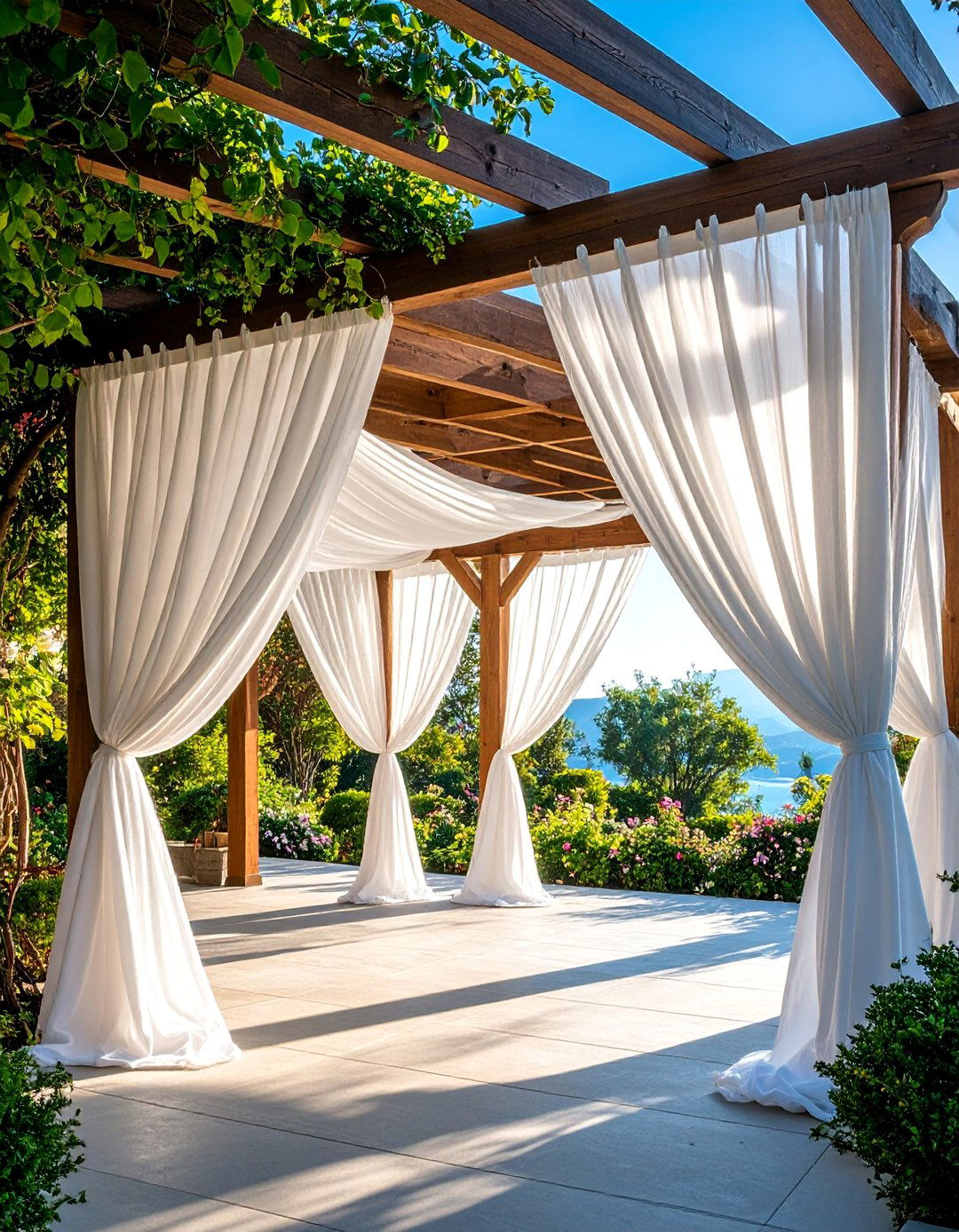 Outdoor Curtain Pergola with Flowing Fabric Panels - 25 Patio Privacy Ideas
