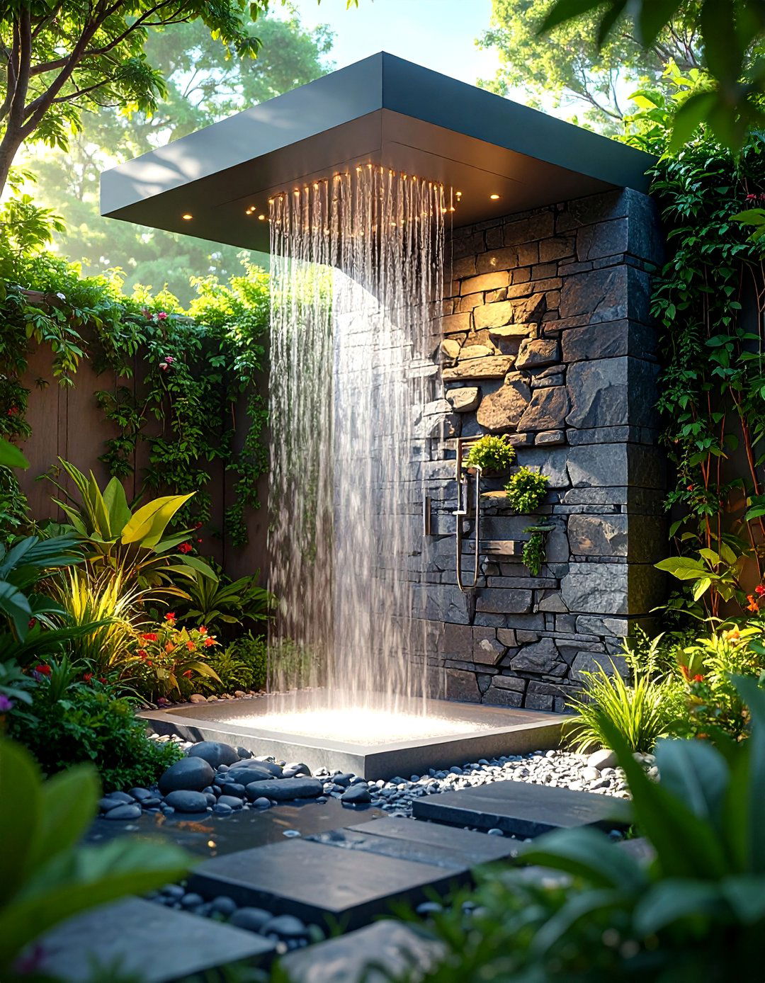 Outdoor Garden Shower with Natural Stone Walls - 25 Bathroom Shower Ideas