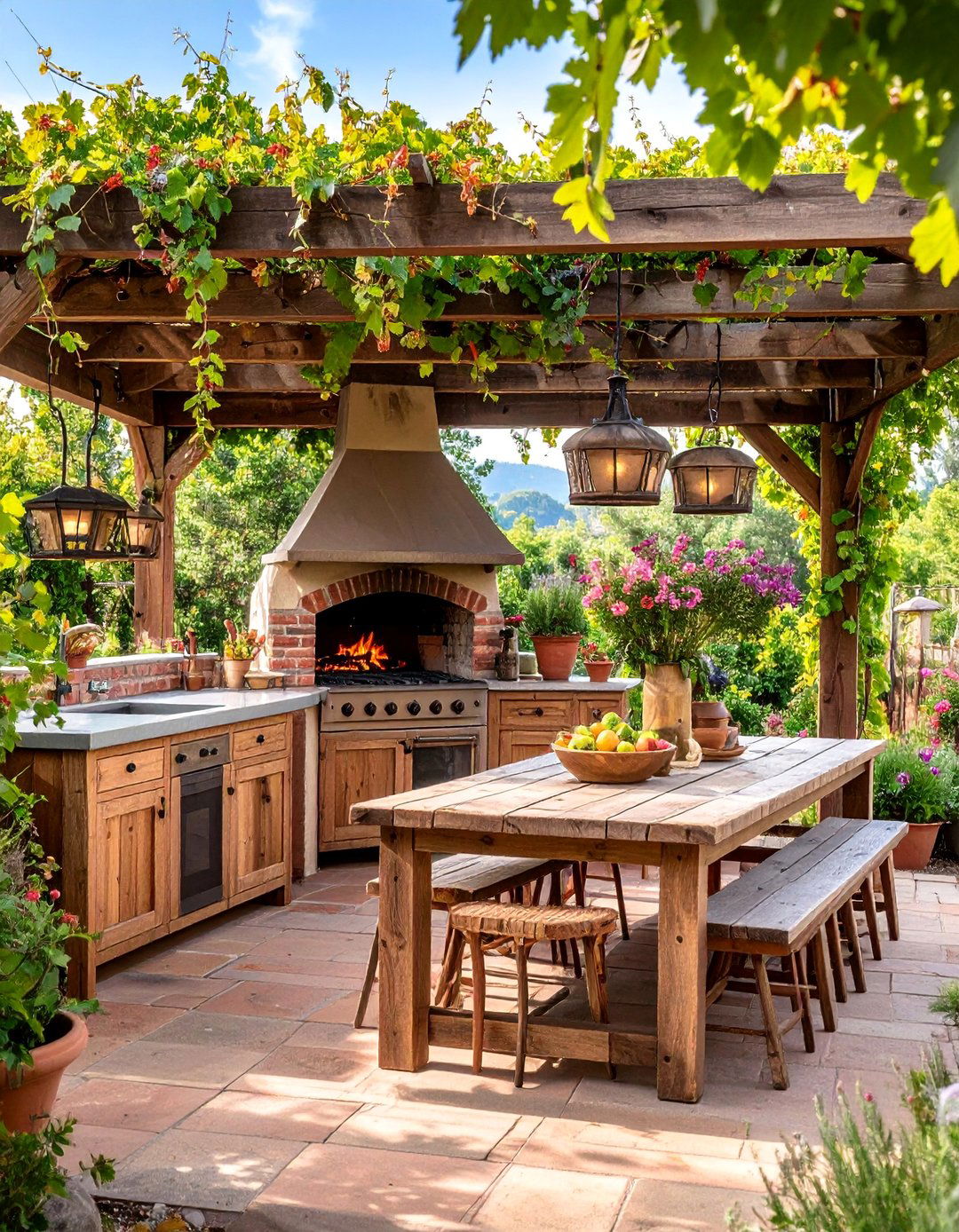 Outdoor Kitchen Farmhouse Patio with Brick Oven - 25 Farmhouse Patio Ideas