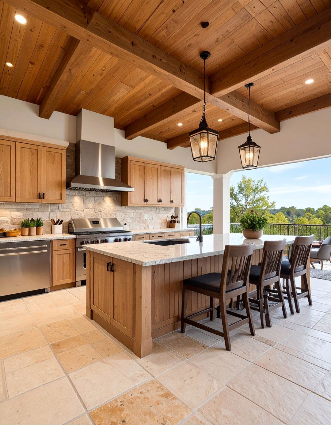 Outdoor Kitchen Lanai with Entertainment Zone - 25 Lanai Porch Ideas