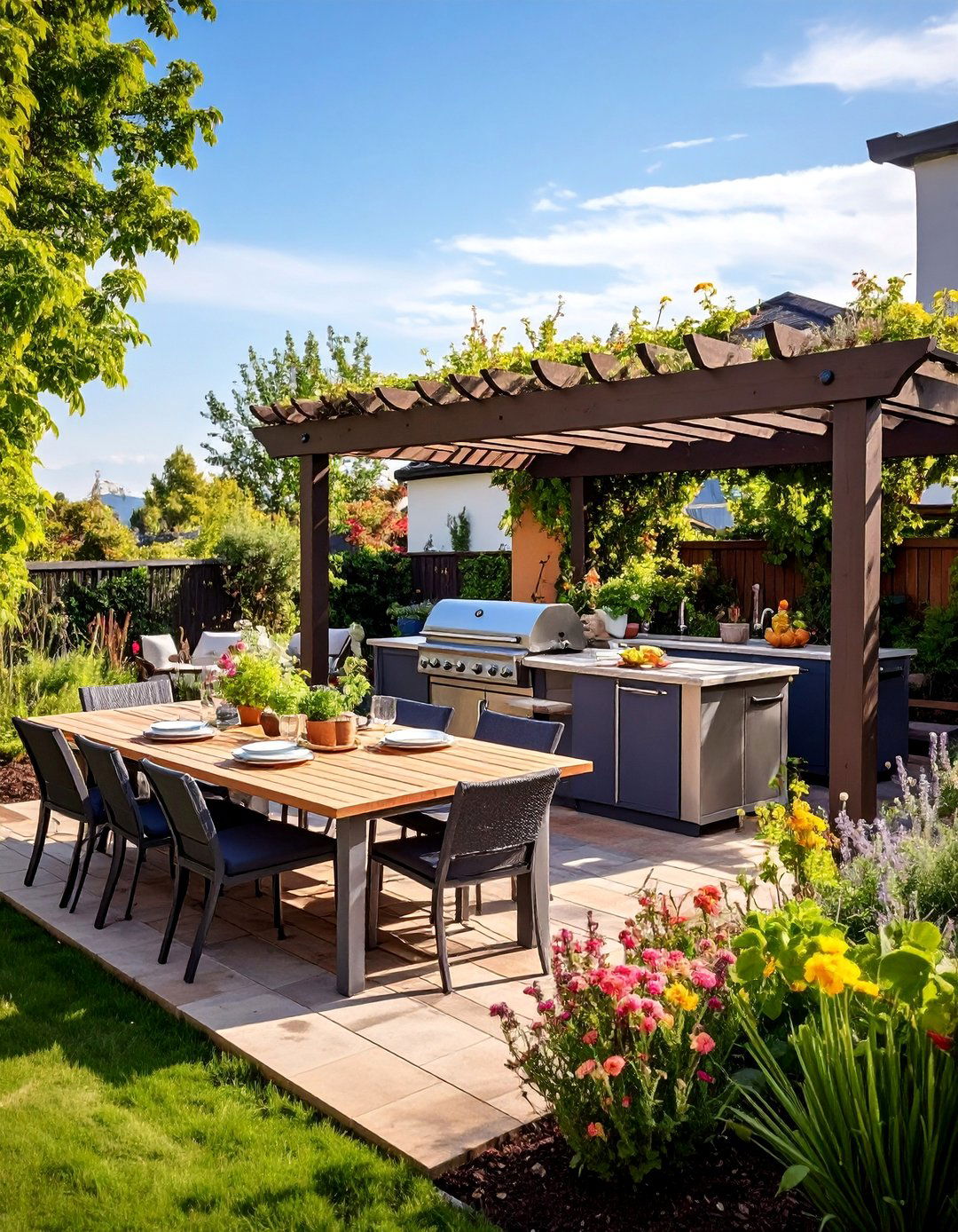 Outdoor Kitchen Terrace with Herb Garden Levels - 25 Down Sloped Backyard Ideas