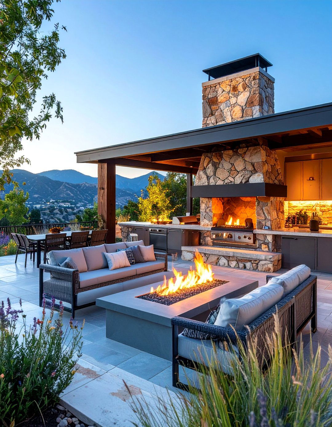 Outdoor Kitchen with Fireplace and Lounge Integration - 25 Outdoor Kitchen Designs