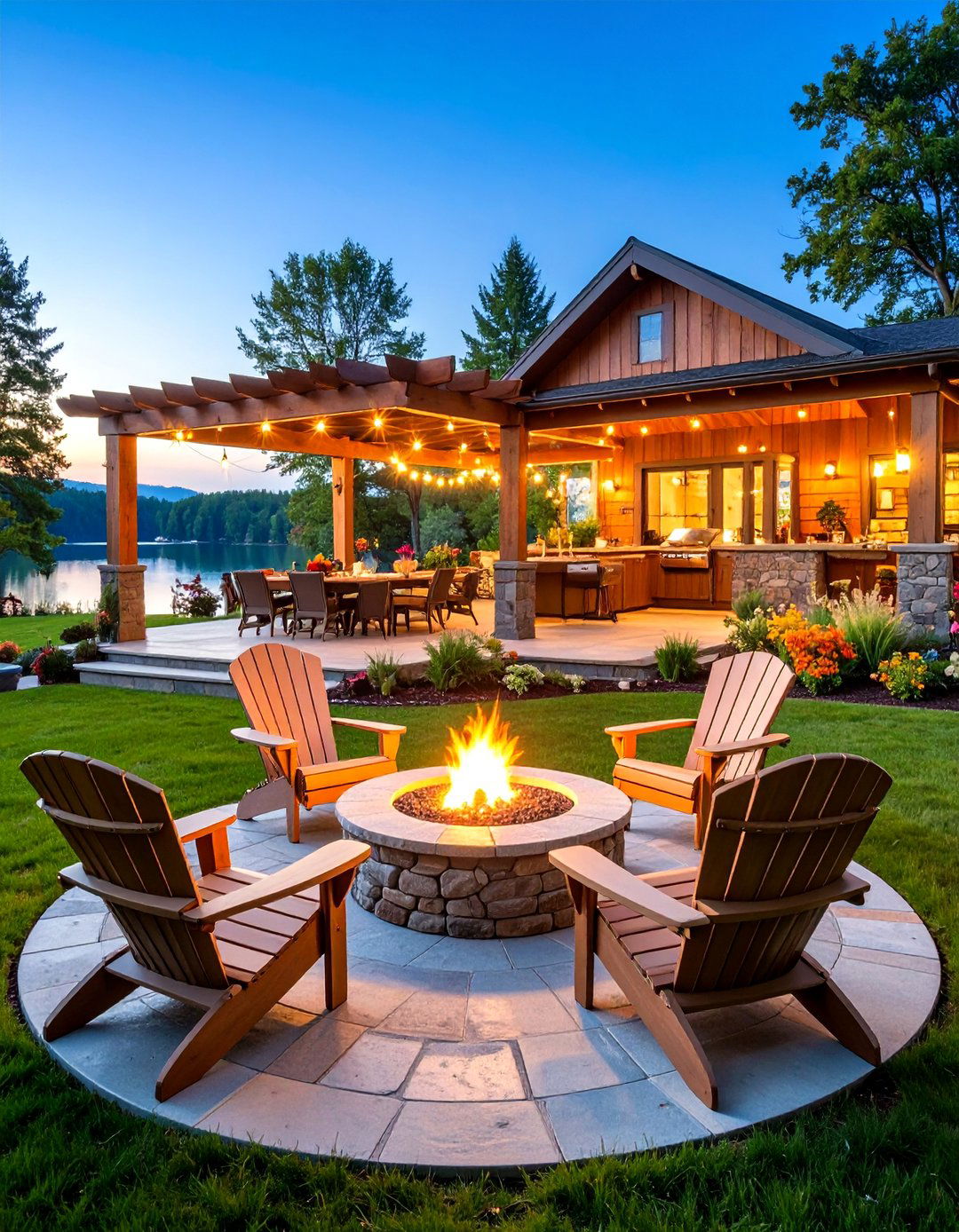 Outdoor Lake House Entertaining Space with Fire Pit - 25 Lake House Decorating Ideas