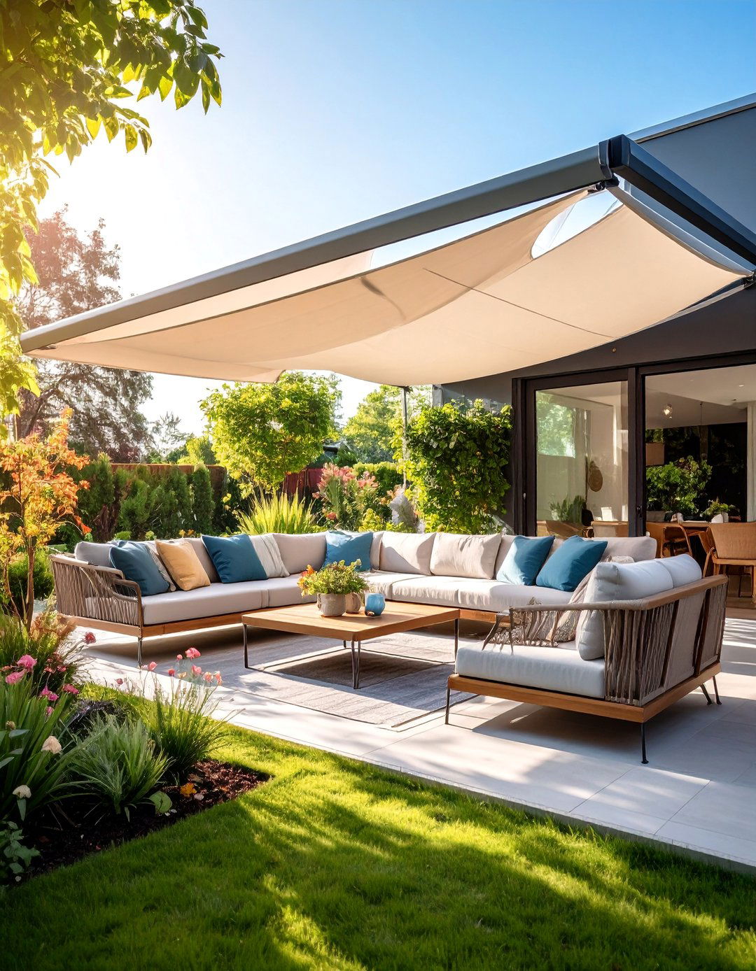 Outdoor Living Room with Retractable Awning System - 25 Outdoor Living Room Ideas