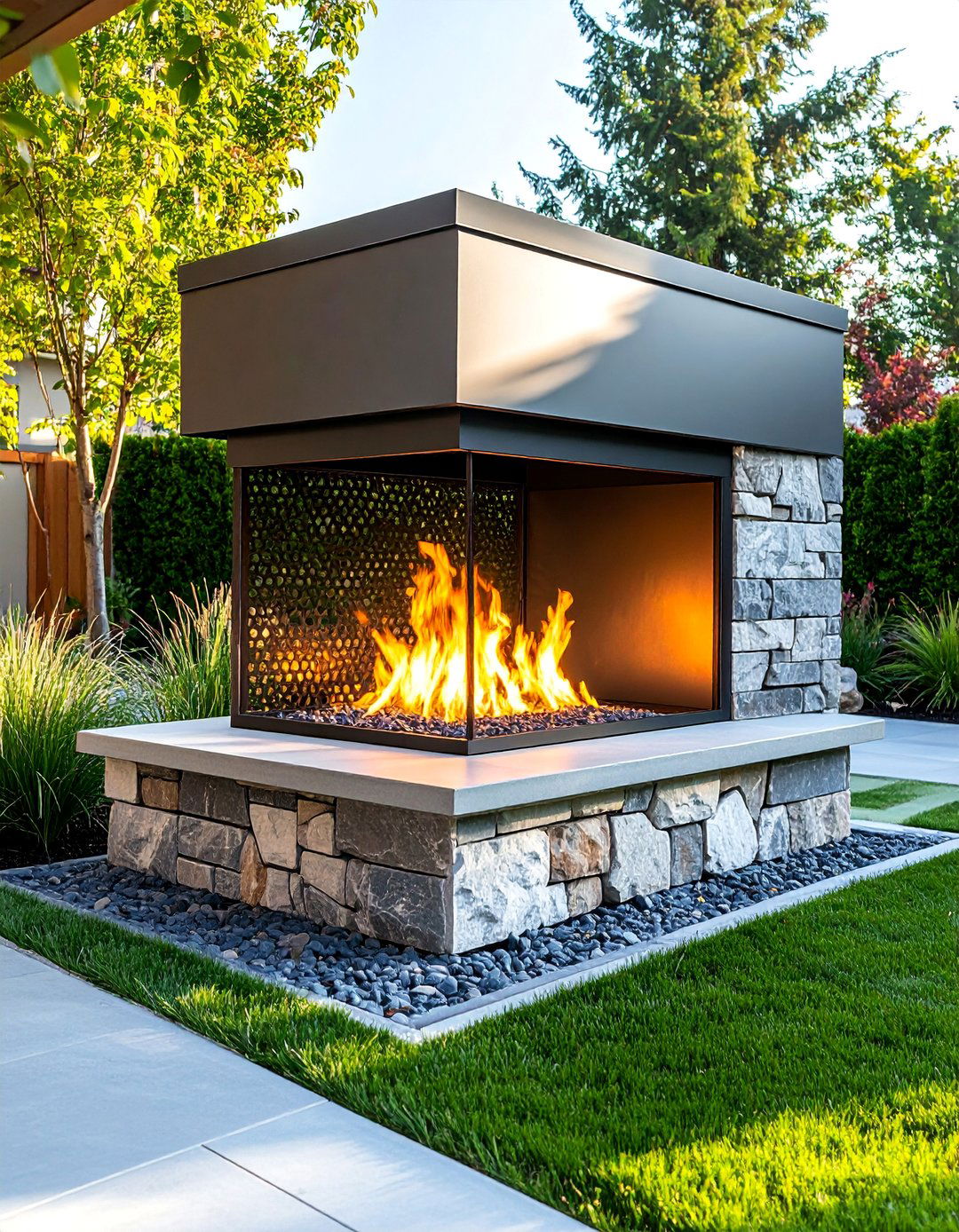 Outdoor Patio Fireplace with Geometric Screen - 25 Mid-century Modern Fireplace Ideas