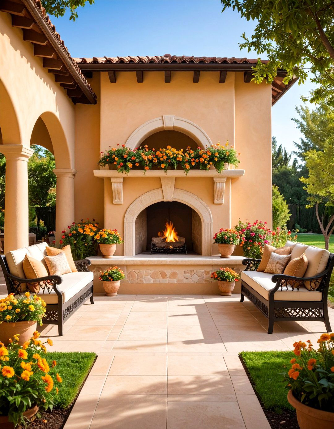 Outdoor Patio Stucco Fireplace with Built in Seating - 25 Stucco Fireplace Ideas