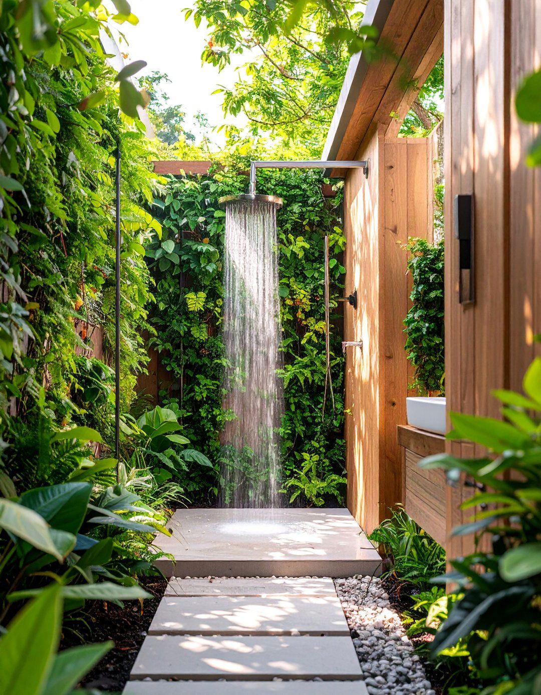 Outdoor Shower with Living Privacy Hedge - 25 Rustic Outdoor Bathroom Ideas