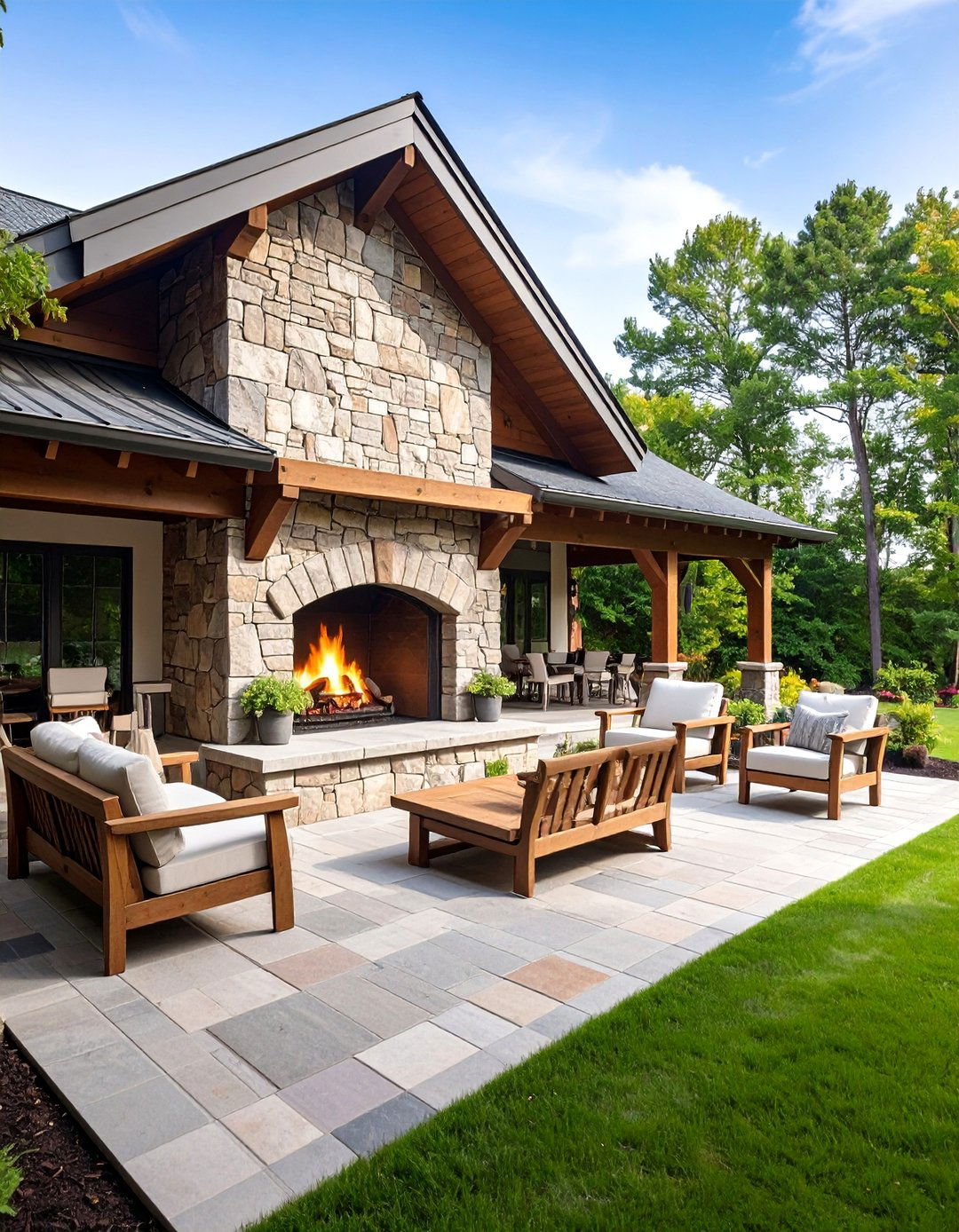 Outdoor Stone Fireplace with Seating Area - 25 Fireplace Ideas