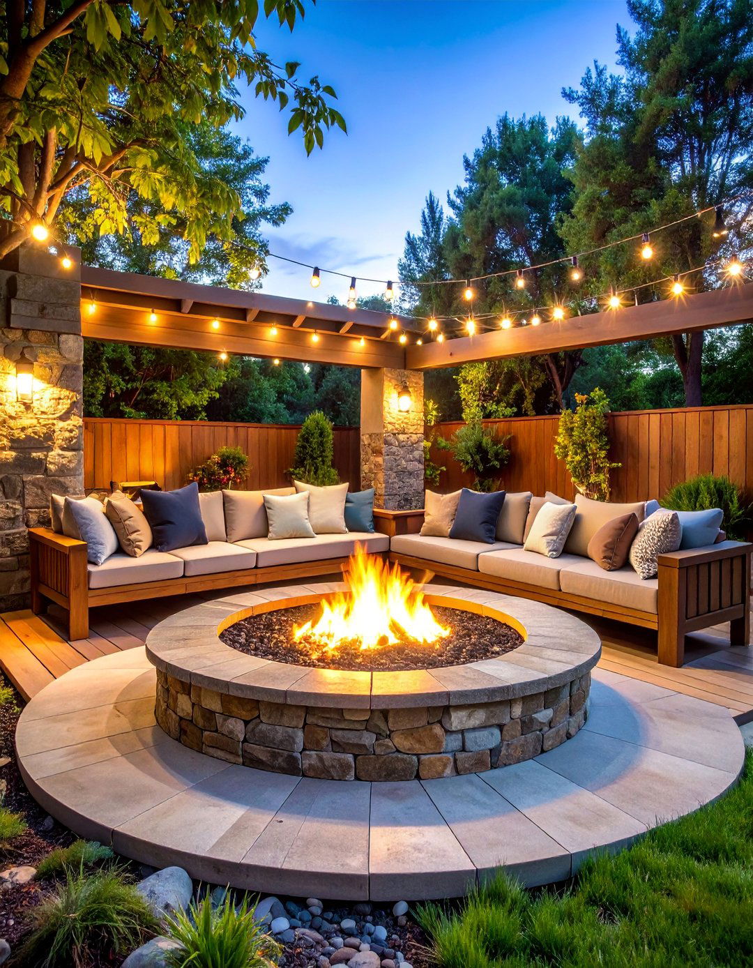 Outdoor Sunken Fire Pit Lounge with Natural Stone - 25 Sunken Living Room Ideas