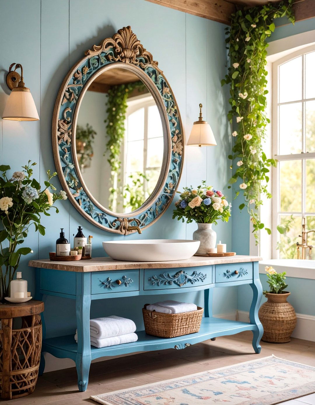 Oval Antique Inspired Mirror with Ornate Carved Details - 25 Farmhouse Bathroom Mirrors Ideas