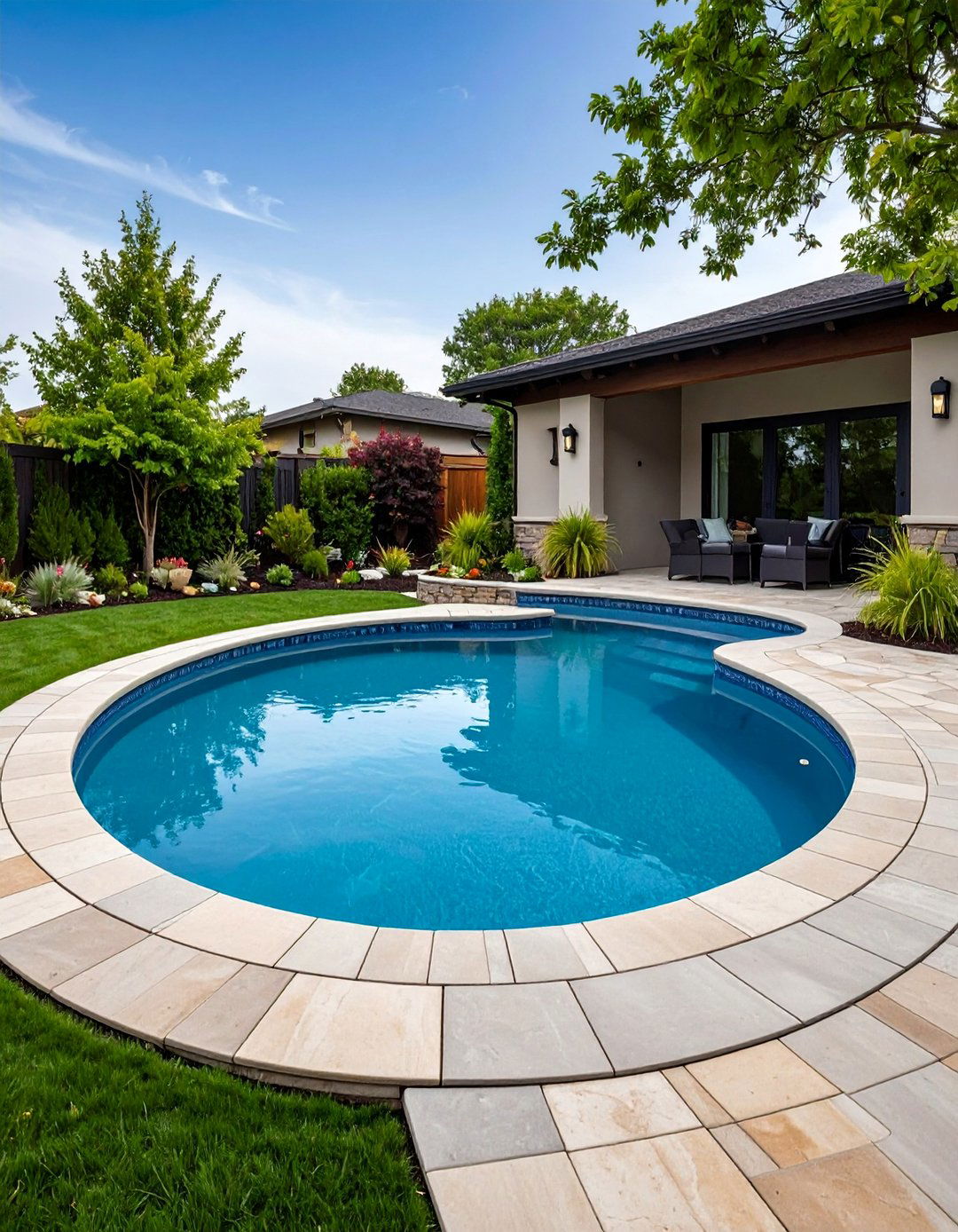 Oval Pool with Concrete Stamping - 25 Backyard Pool Ideas on a Budget