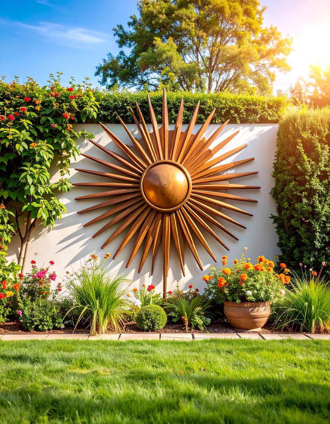 Oversized Metal Sunburst Art Installation - 25 Outdoor Wall Decor Ideas