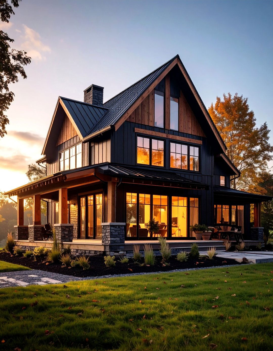 Painted Black Brick with Natural Wood Trim - 25 Exterior Brick and Paint Color Combinations