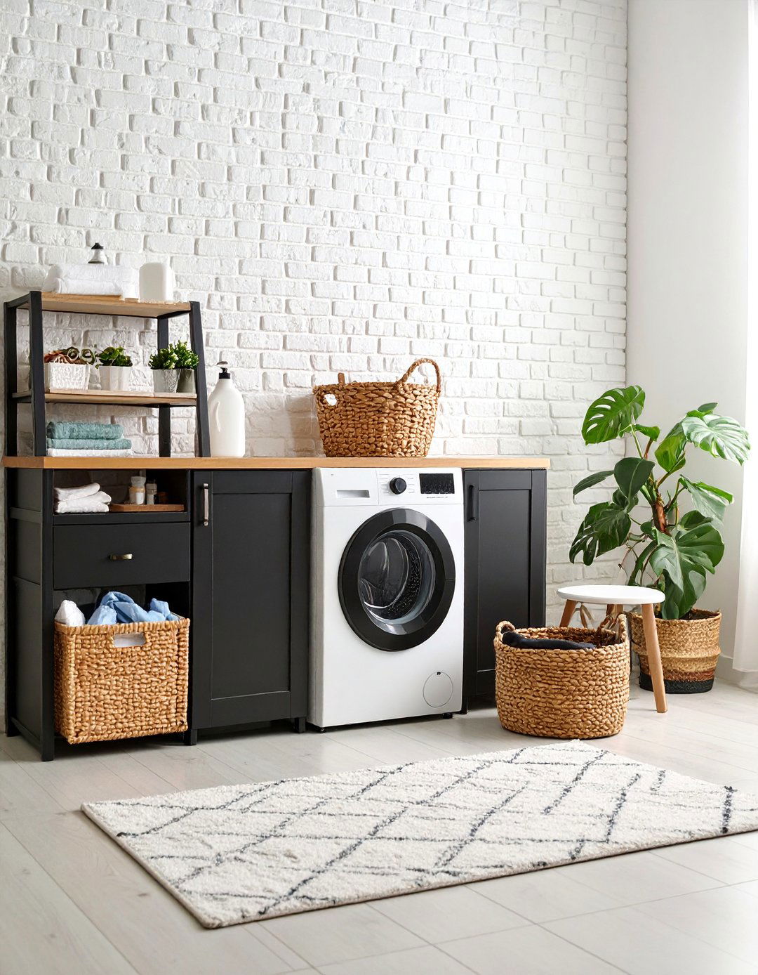 Painted Brick Accent Wall Feature - 25 Black and White Laundry Room Ideas