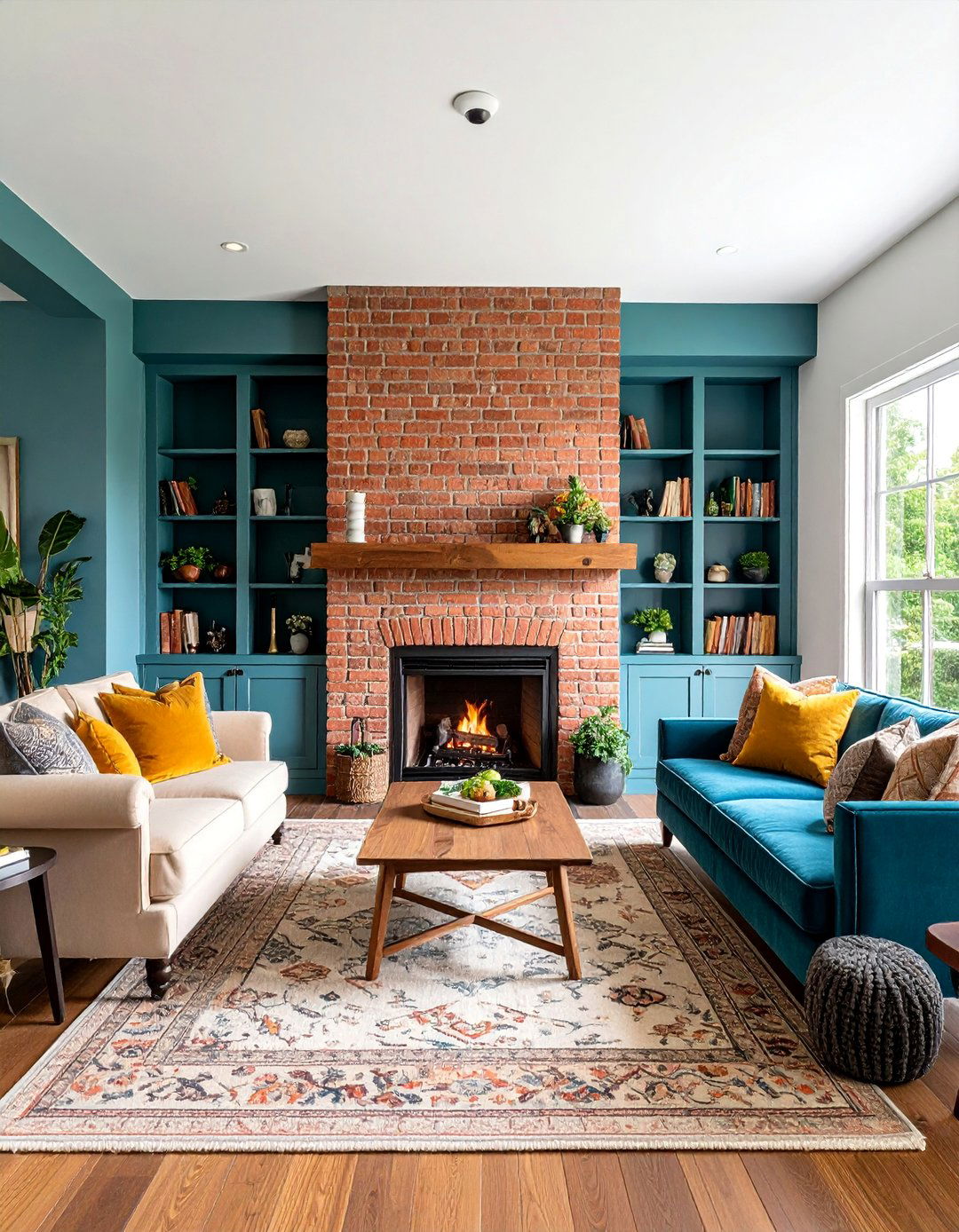 Painted Brick Fireplace with Symmetric Built in Cabinets - 25 Rustic Living Room With a Brick Fireplace Ideas