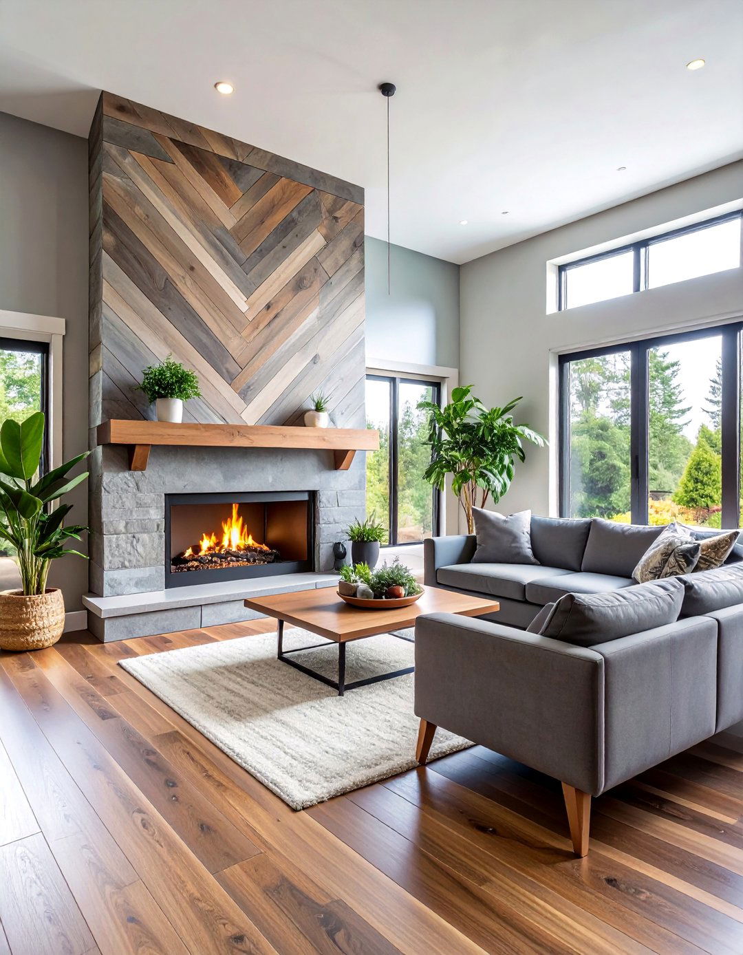 Painted Diagonal Wood Plank Design - 25 Fireplace Accent Wall Ideas