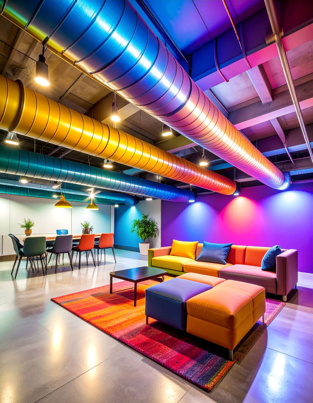 Painted Ductwork Feature Ceiling with Bold Colors - 25 Exposed Basement Ceiling Ideas