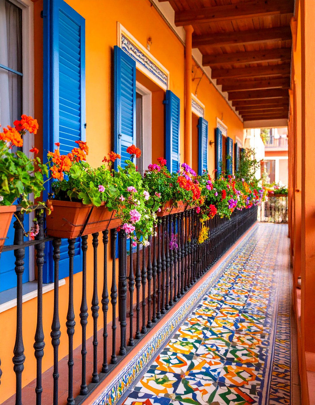 Painted Geometric Balcony with Artistic Flair - 25 Balcony Tiles Ideas
