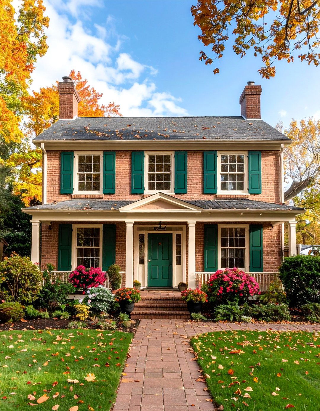 Painted Taupe Brick with Forest Green and Ivory Trim - 25 Exterior Brick and Paint Color Combinations