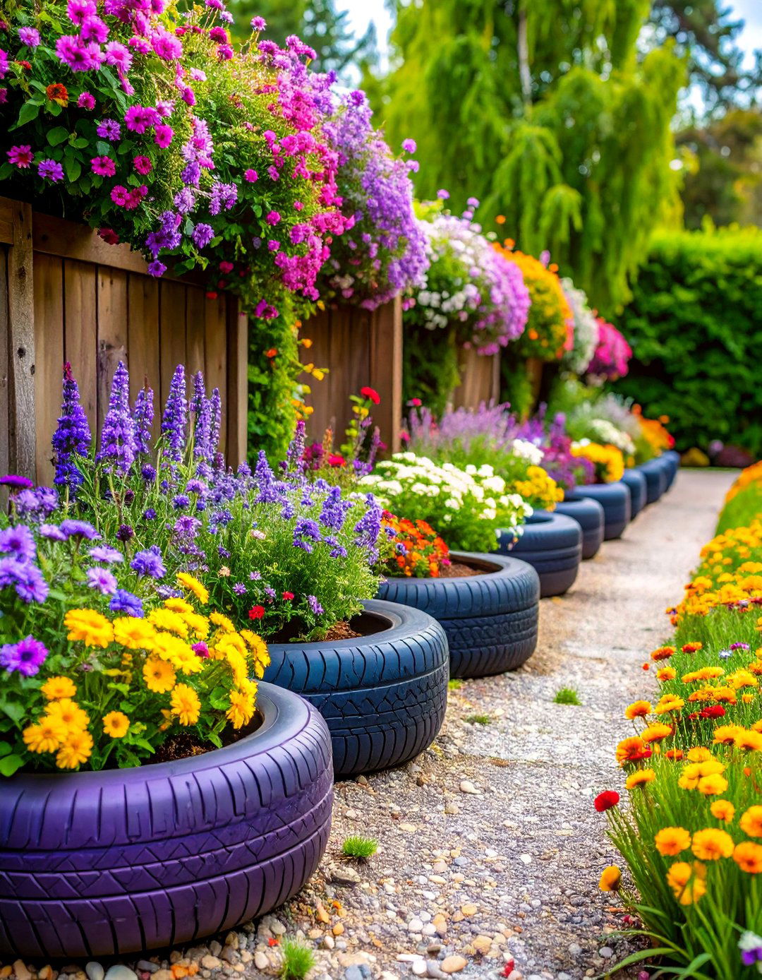 Painted Tire Garden Edging Rings - 25 Recycled Garden Edging Ideas