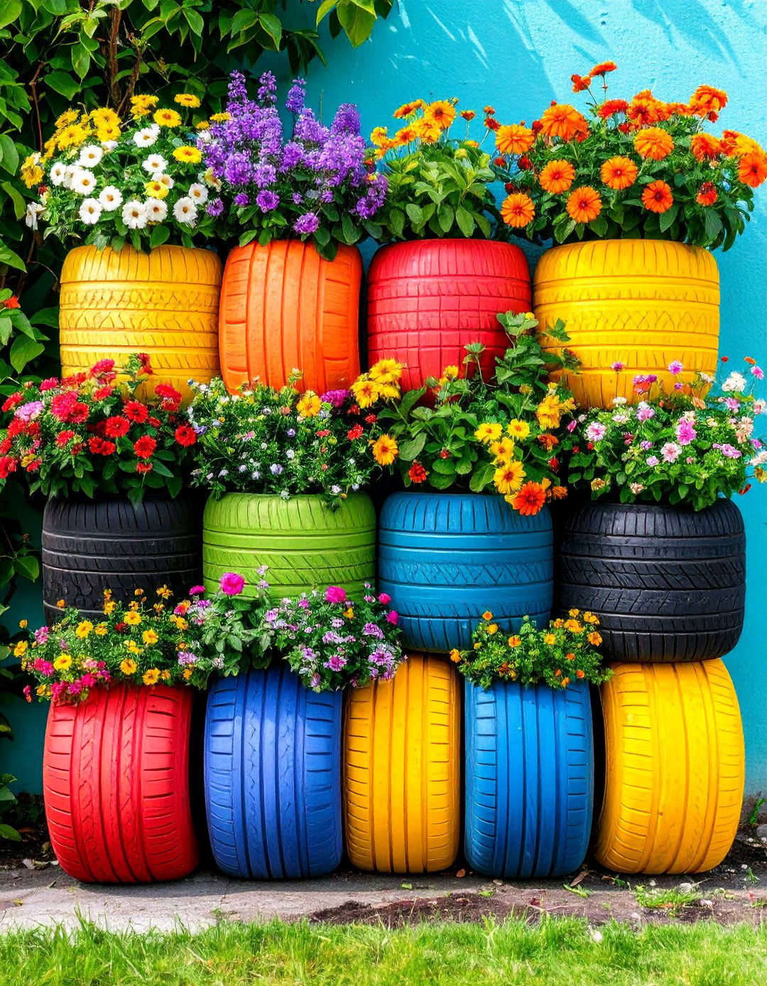 Painted Tire Planter Towers - 25 Recycled Tyre Garden Art Ideas