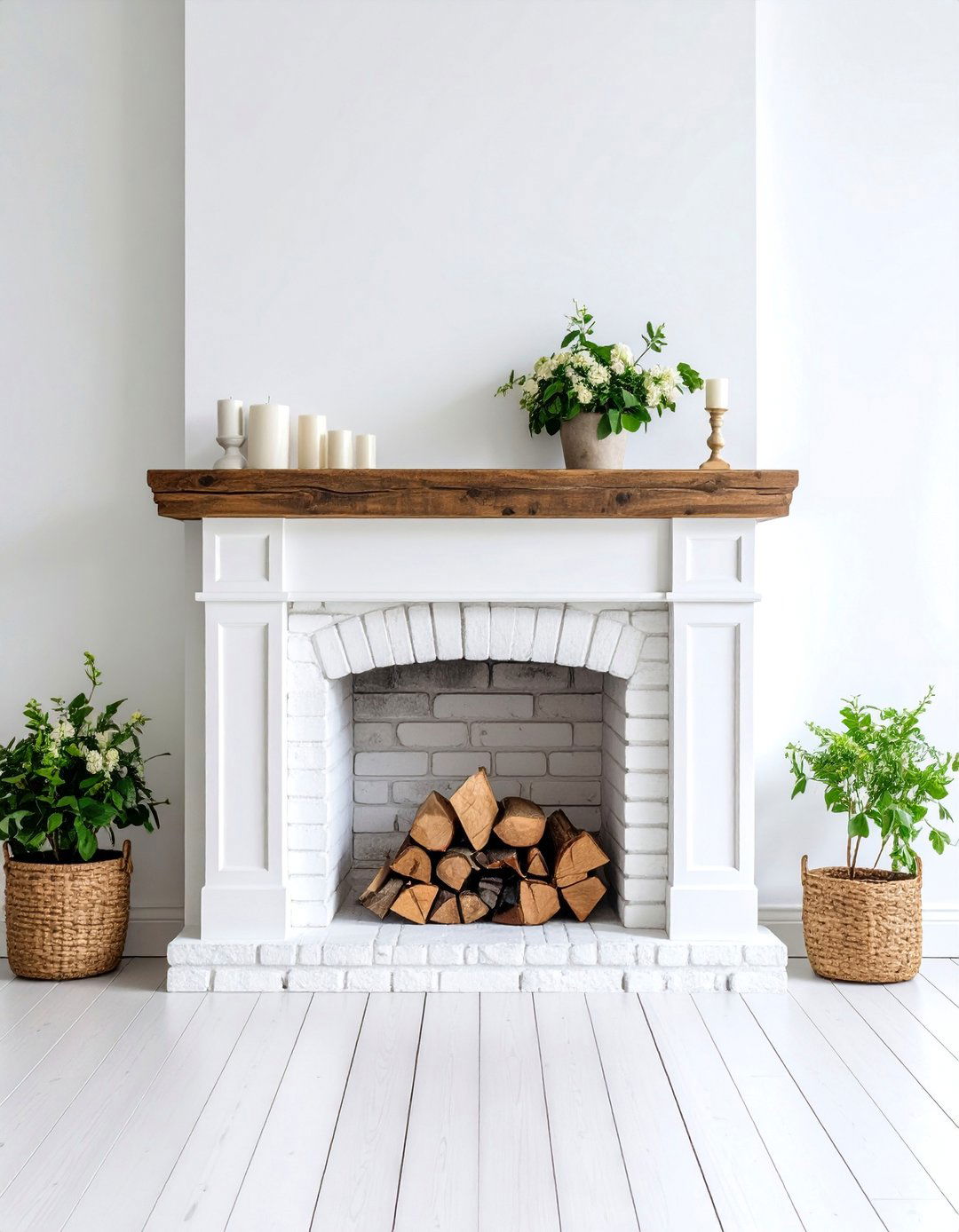 Painted White Brick Fireplace with Distressed Wood Mantel - 25 Rustic Brick Fireplace Ideas