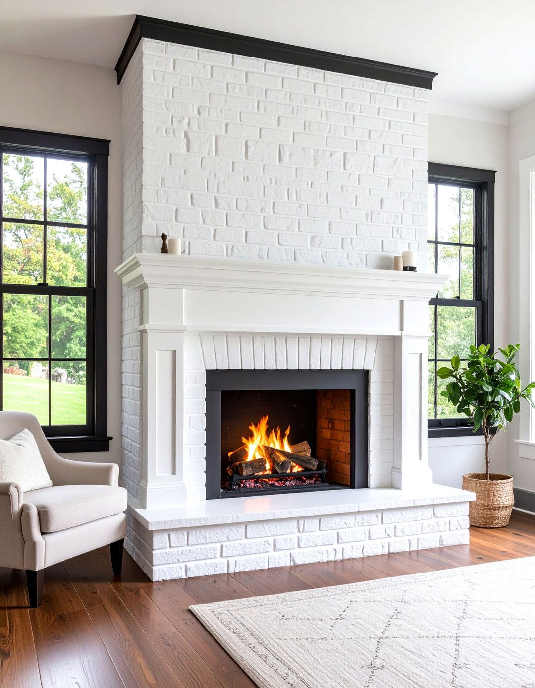 Painted White Brick Two Story Fireplace with Dark Trim - 25 Two-story Fireplace Ideas
