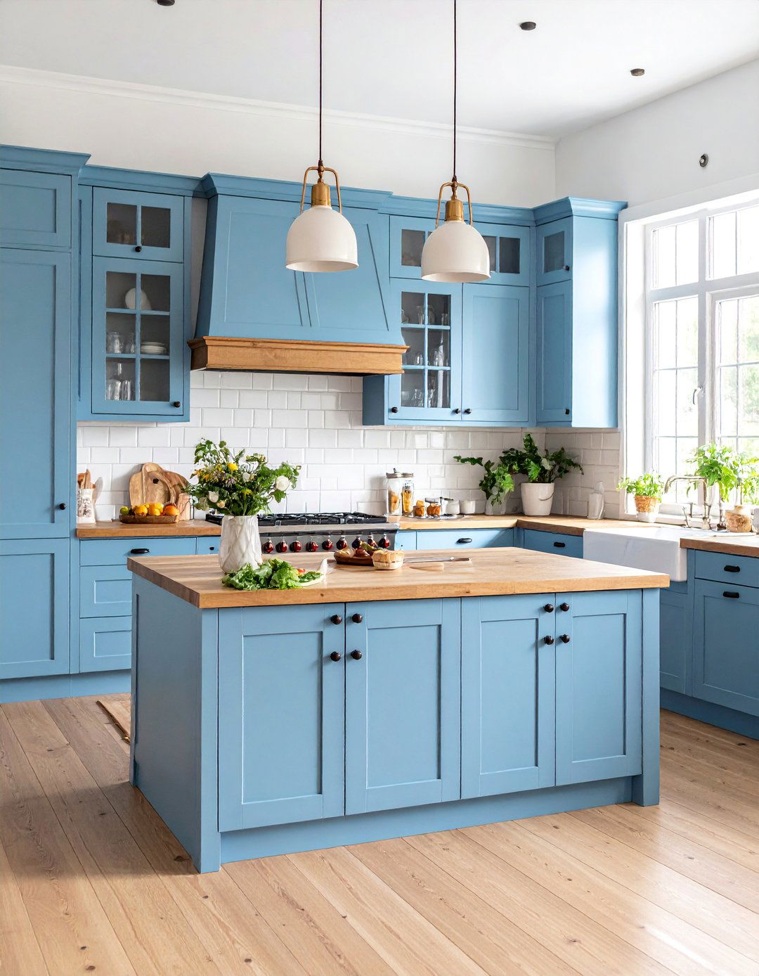 Pale Blue Upper Cabinet Kitchen with Natural Wood Lower Cabinets - 25 Blue French Country Kitchen Ideas