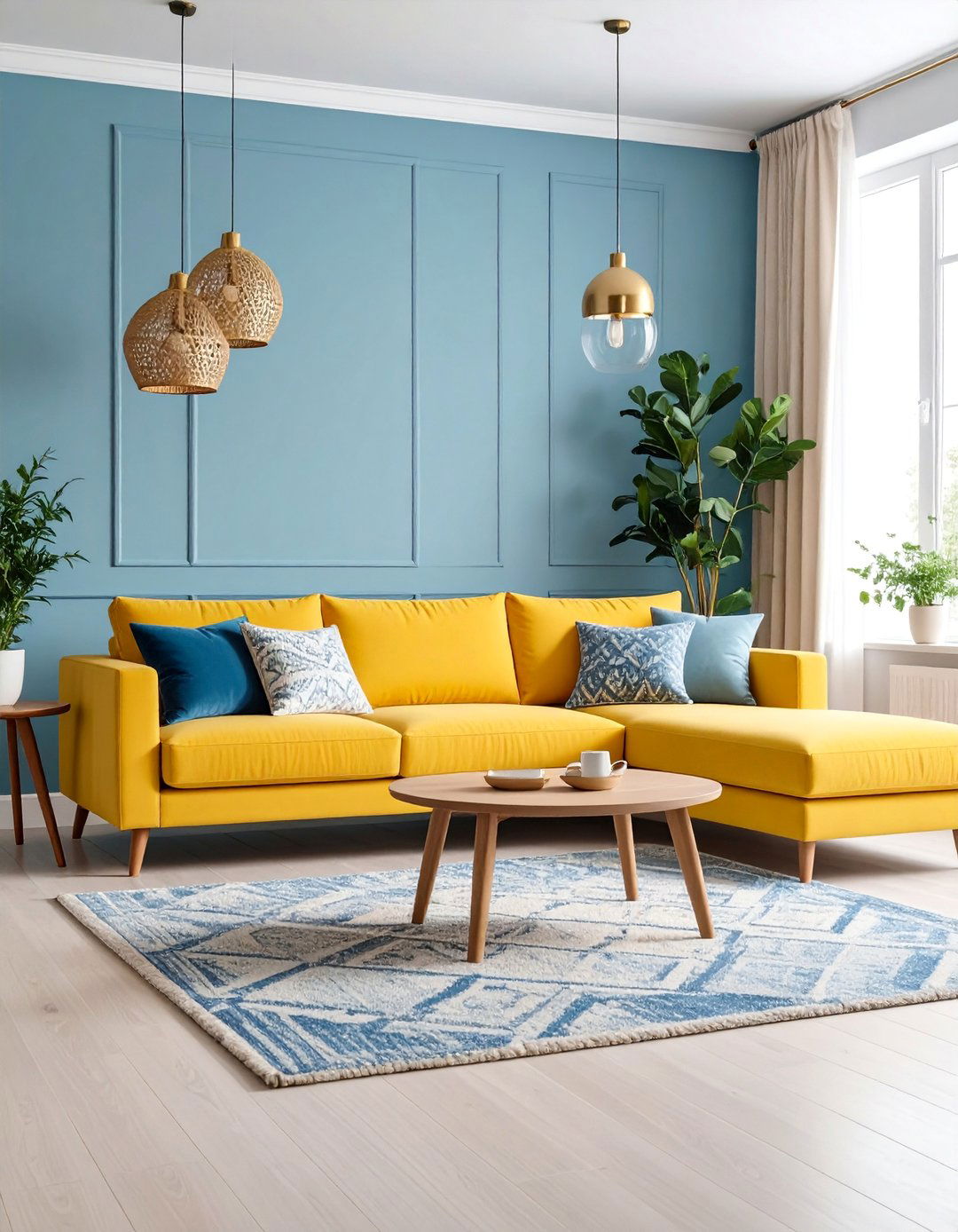 Pale Blue Walls with Mustard Yellow Sectional Sofa - 25 Yellow and Blue Living Room Ideas