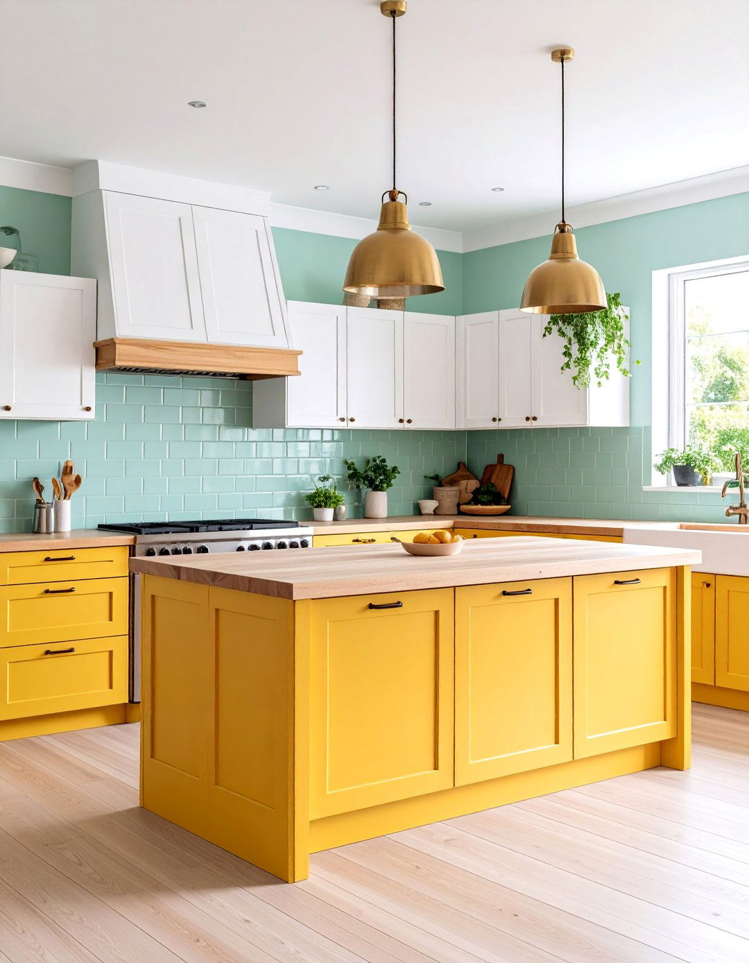 Pale Green Subway Tiles with Butter Yellow Kitchen Island - 25 Green and Yellow Kitchen Ideas