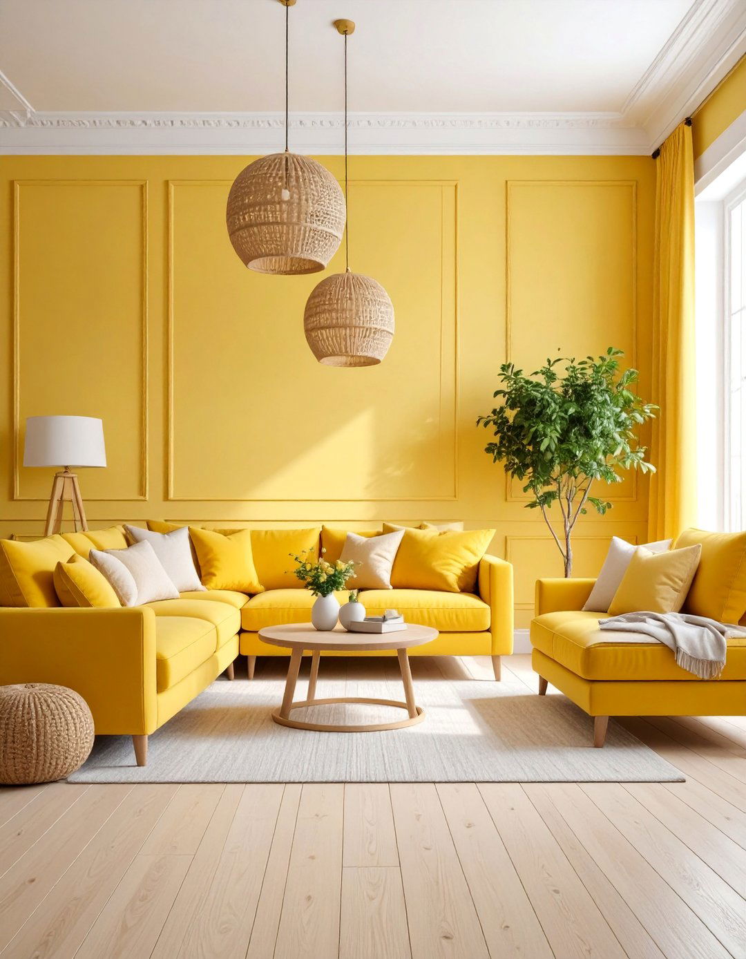 Pale Lemon Yellow Walls with White Trim - 25 Yellow Living Room Ideas