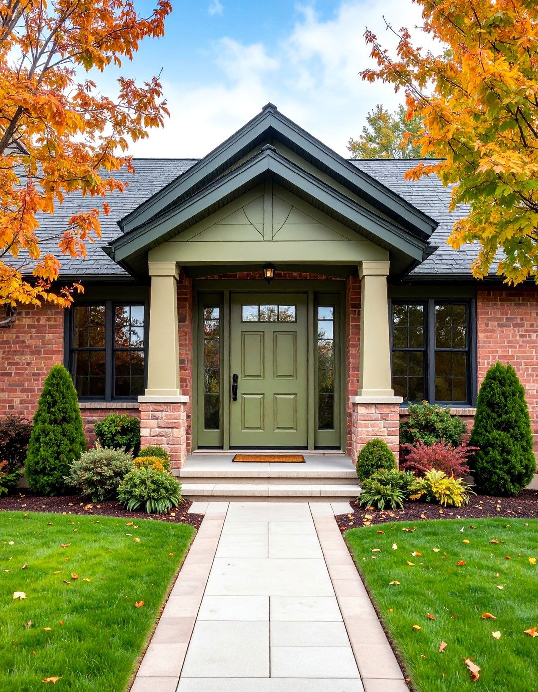 Pale Olive Green Front Door with Sidelights and Transom - 25 Olive Green Front Door Ideas