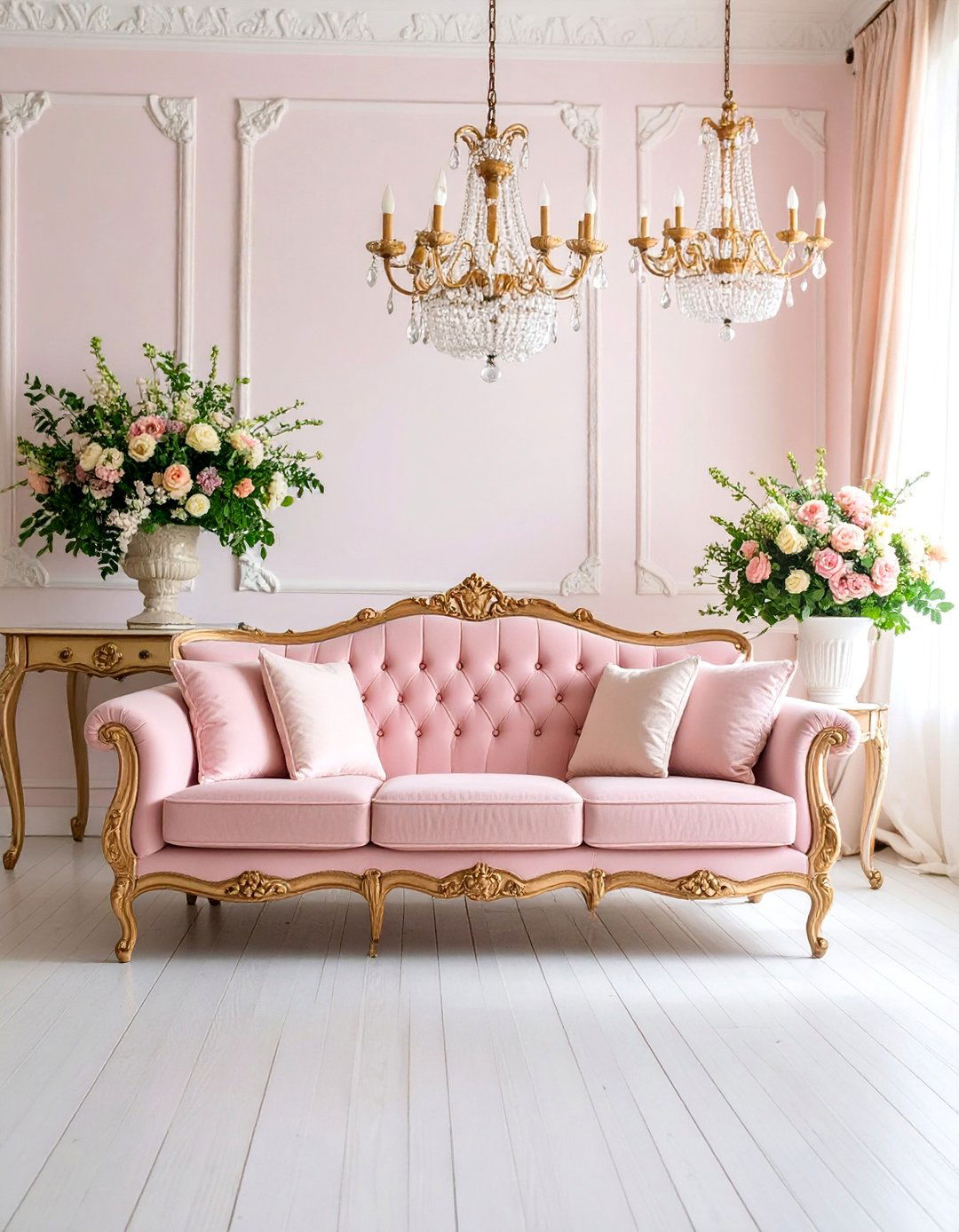 Pale Pink Sofa with Vintage Romance - 25 Pink Couch Living Room Ideas