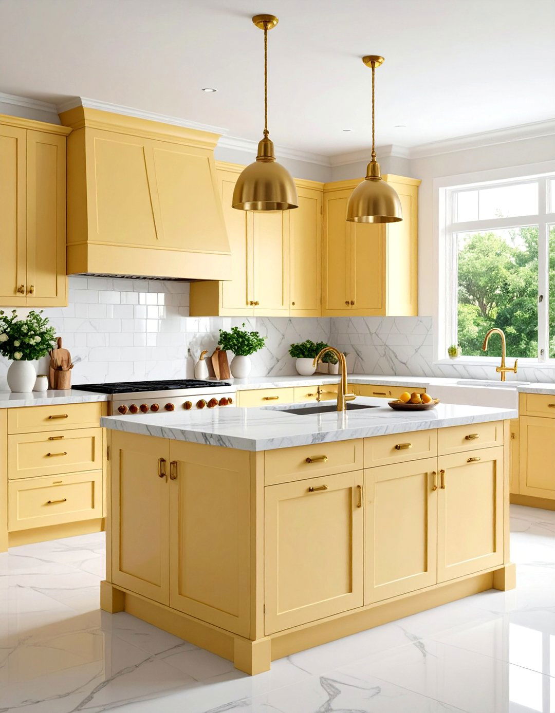 Pale Yellow Shaker Cabinets with Carrara Marble Countertops - 25 Pale Yellow Kitchen Ideas