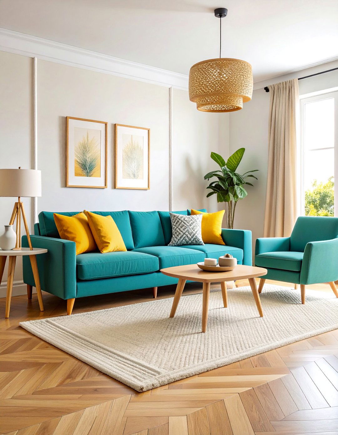 Pale Yellow Walls with Teal Blue Statement Furniture - 25 Yellow and Blue Living Room Ideas