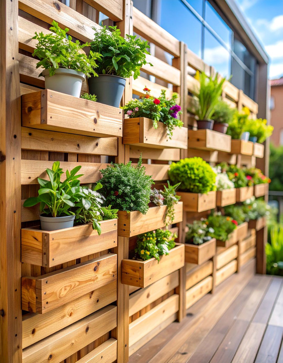 Pallet Wood Privacy Wall with Integrated Planters - 25 Balcony Privacy Ideas