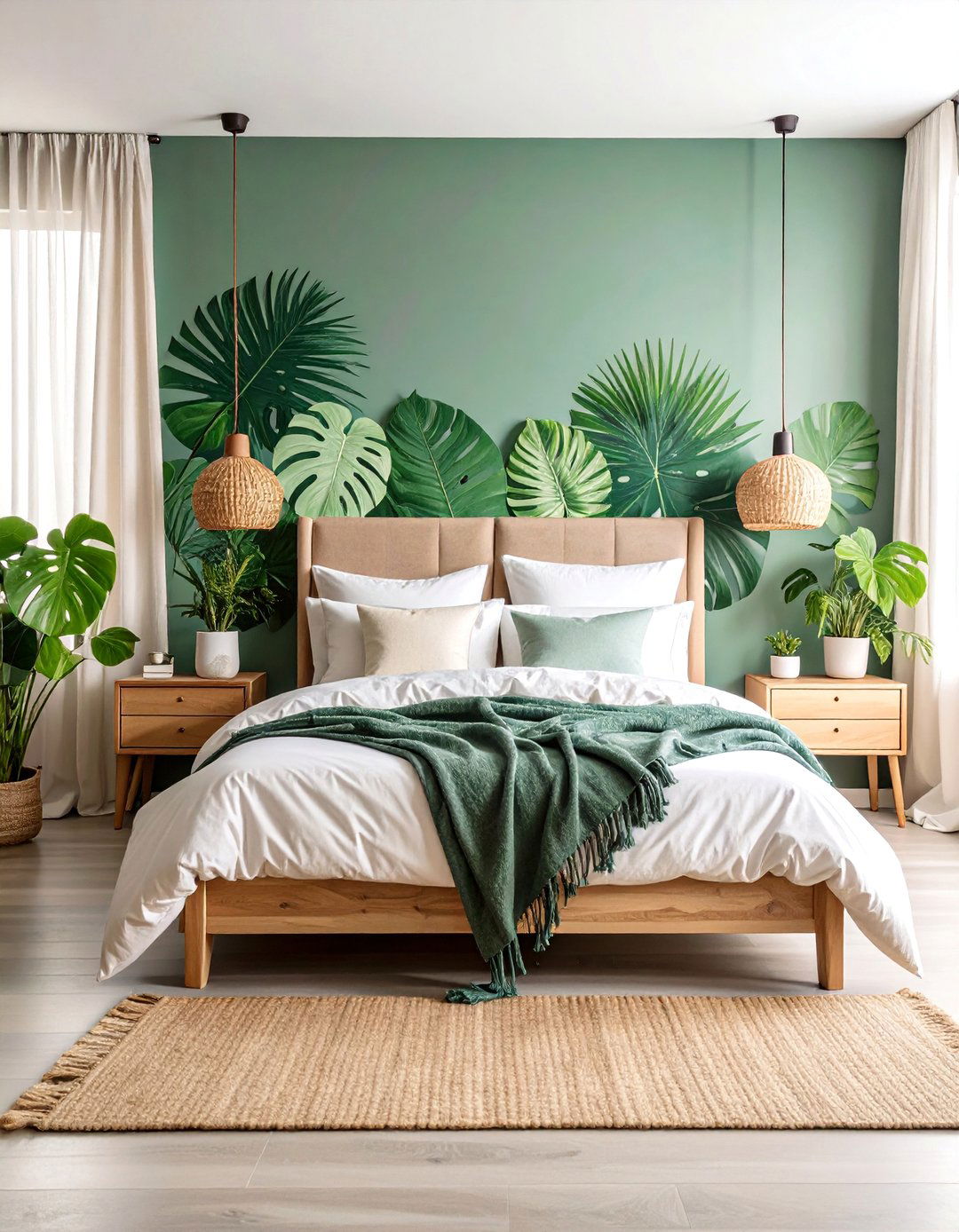 Palm Leaf Botanical Bedroom with Sage Green Walls - 25 Tropical Bedroom Ideas
