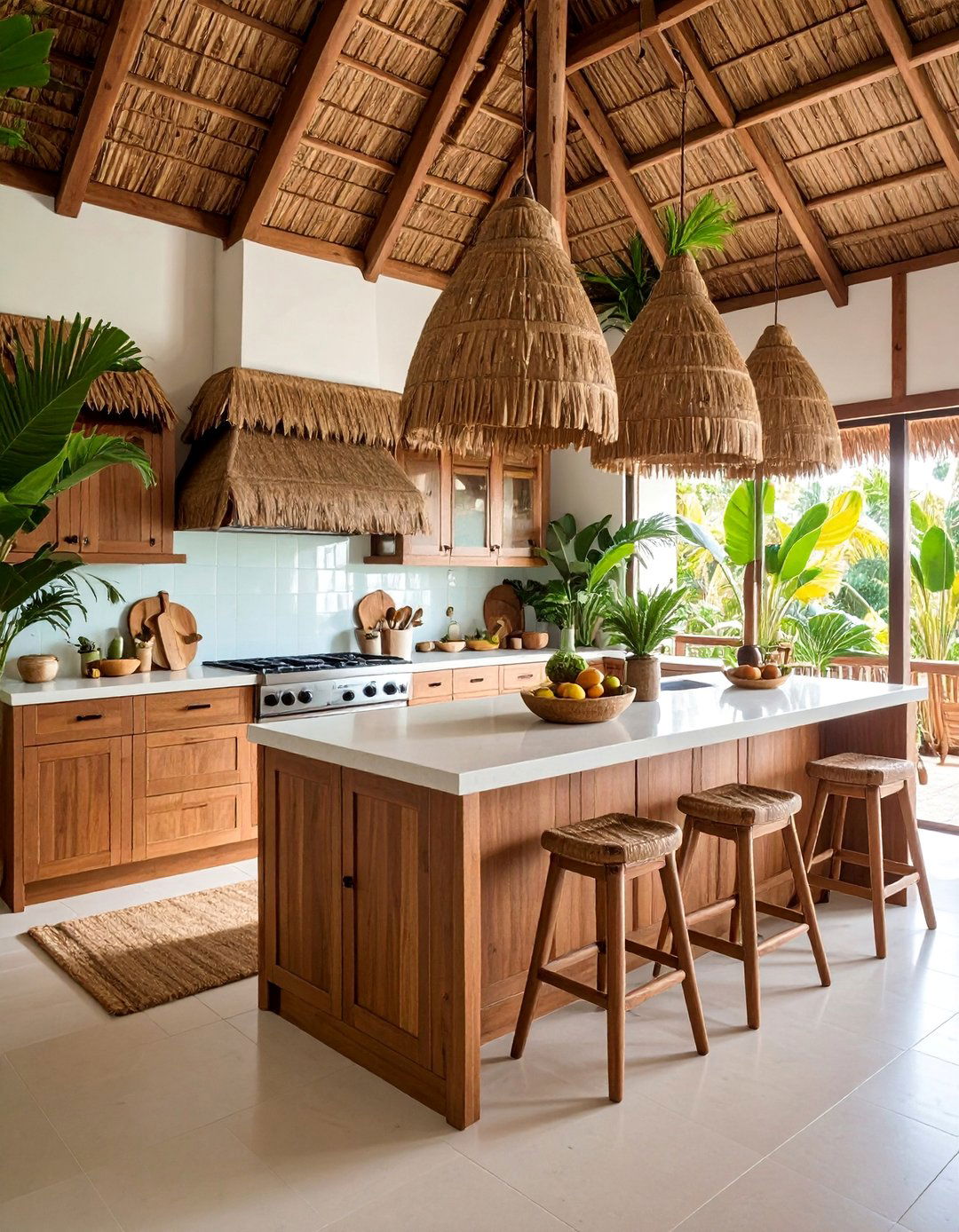 Palm Thatched Kitchen with Authentic Island Roofing - 25 Tropical Kitchen Ideas