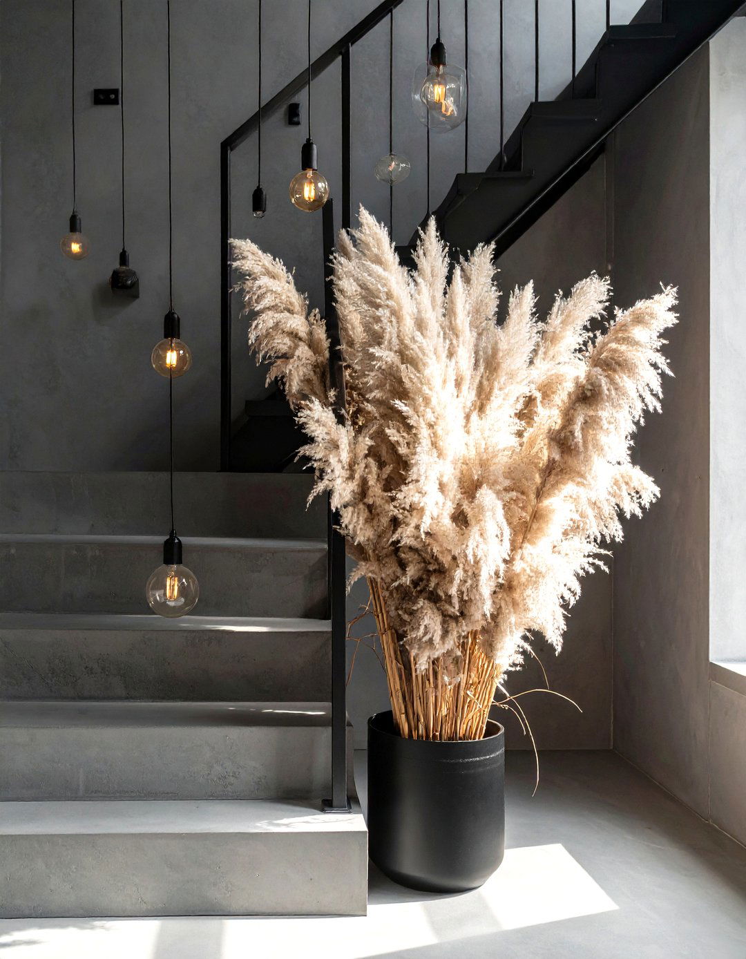 Pampas Grass Industrial Staircase Landing - 25 Pampas Grass Decor Ideas