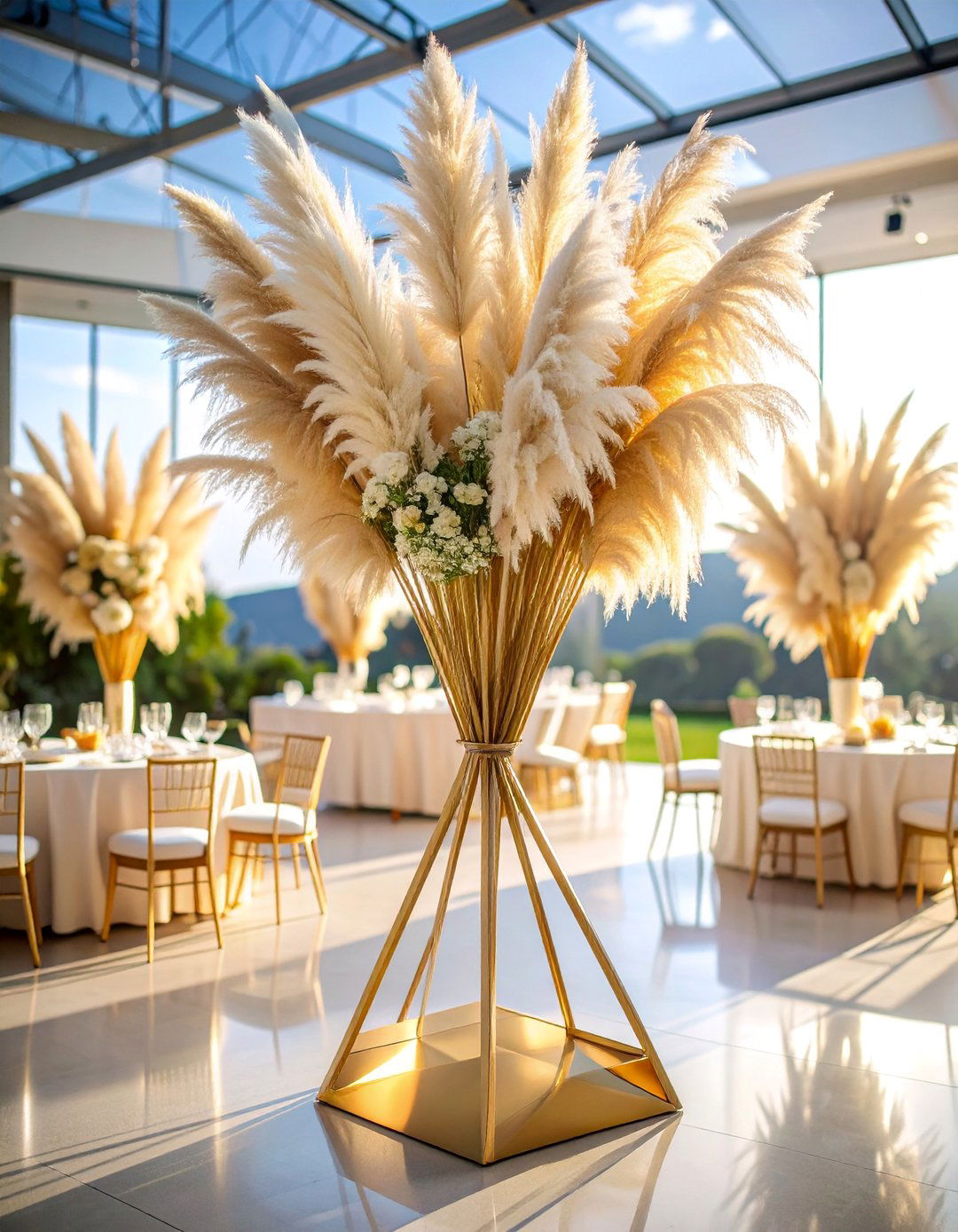 Pampas Grass Tower in Geometric Metal Stand - 25 Tall Wedding Centerpiece Ideas