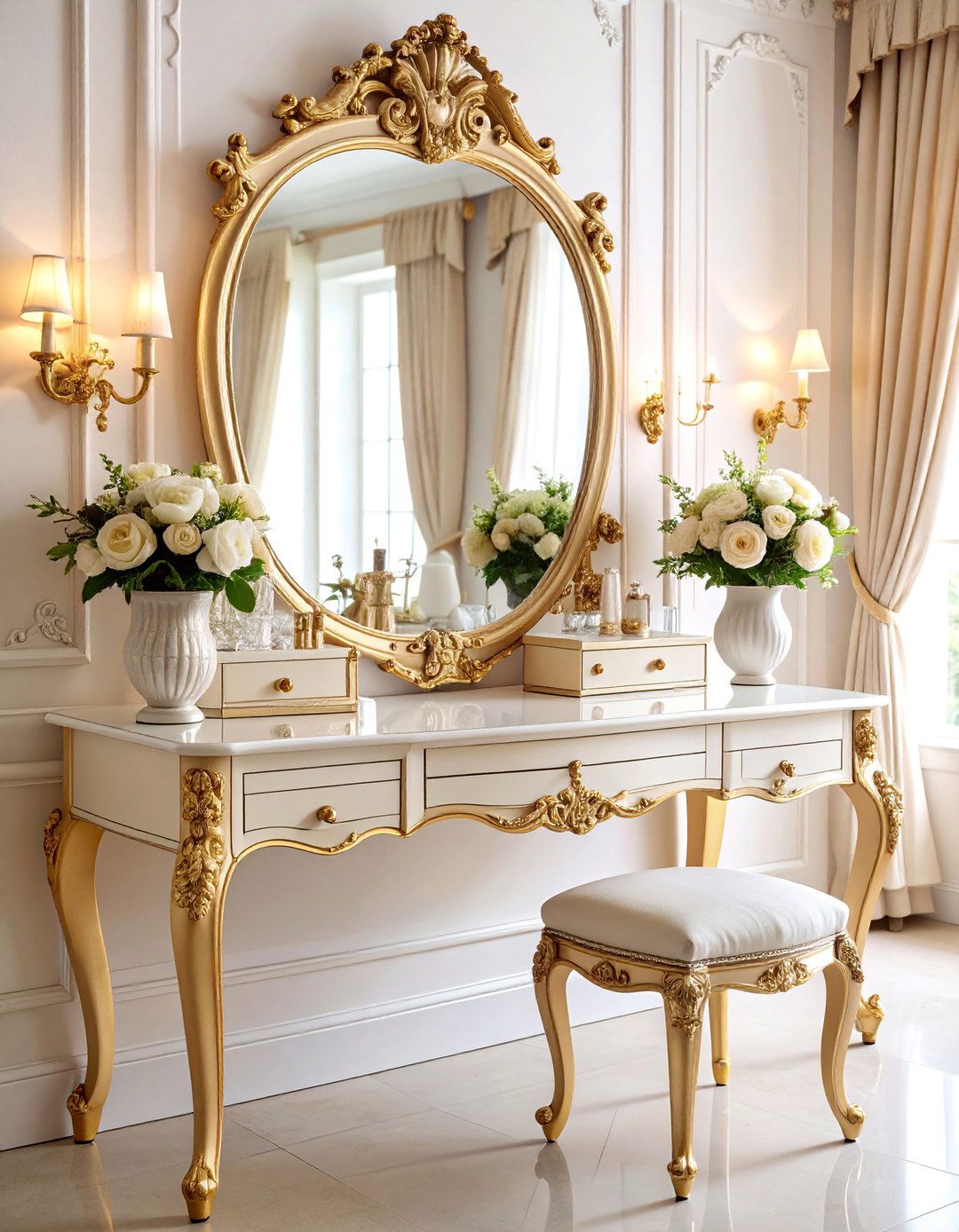 Parisian Chic Vanity with Antique Gold Details - 25 Makeup Room Ideas