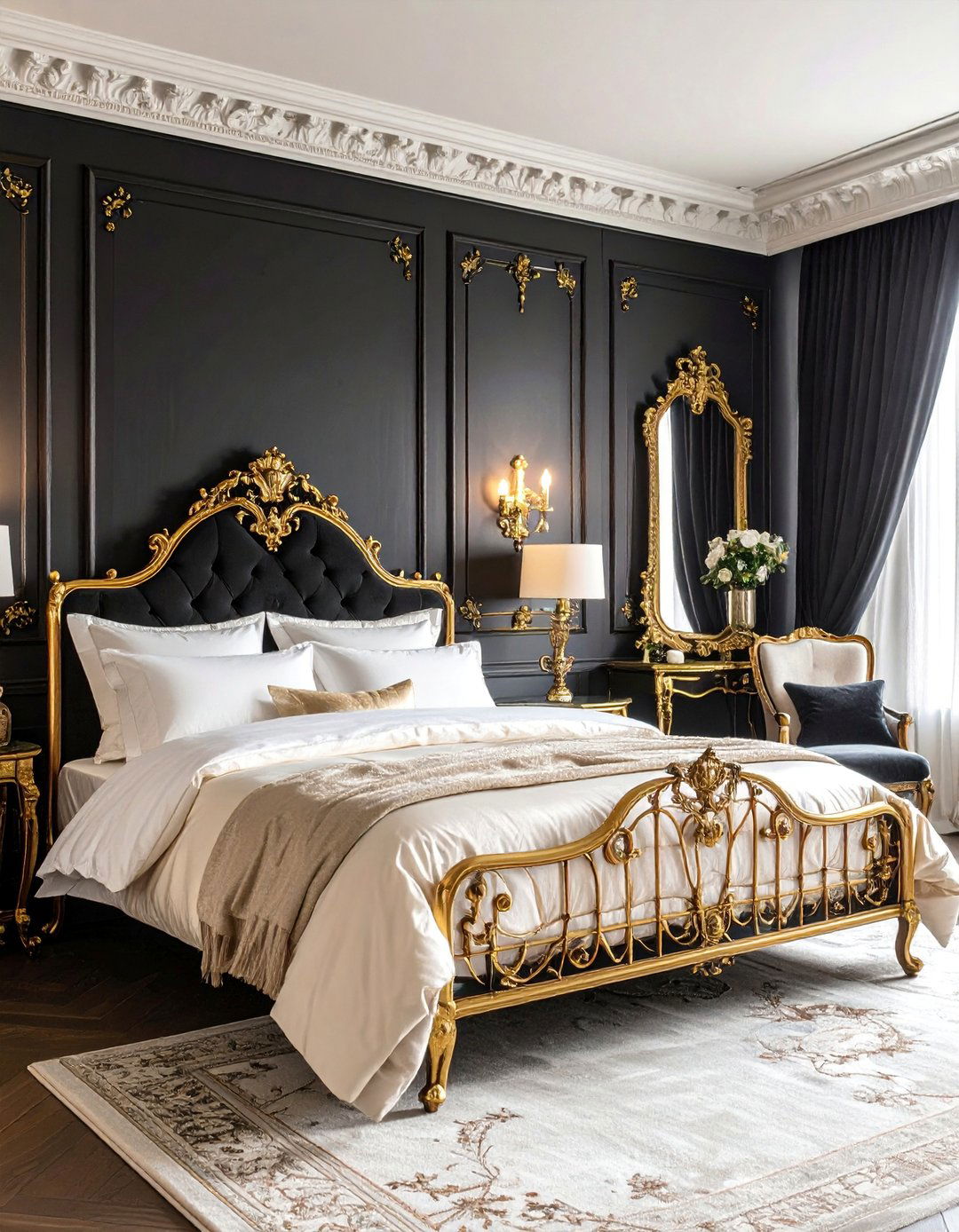 Parisian Chic with Ornate Gold Details - 25 Black and Gold Bedroom Ideas