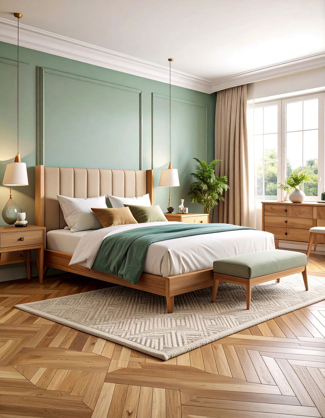 Parquet Bedroom Flooring with Geometric Herringbone Pattern - 25 Bedroom Flooring Ideas