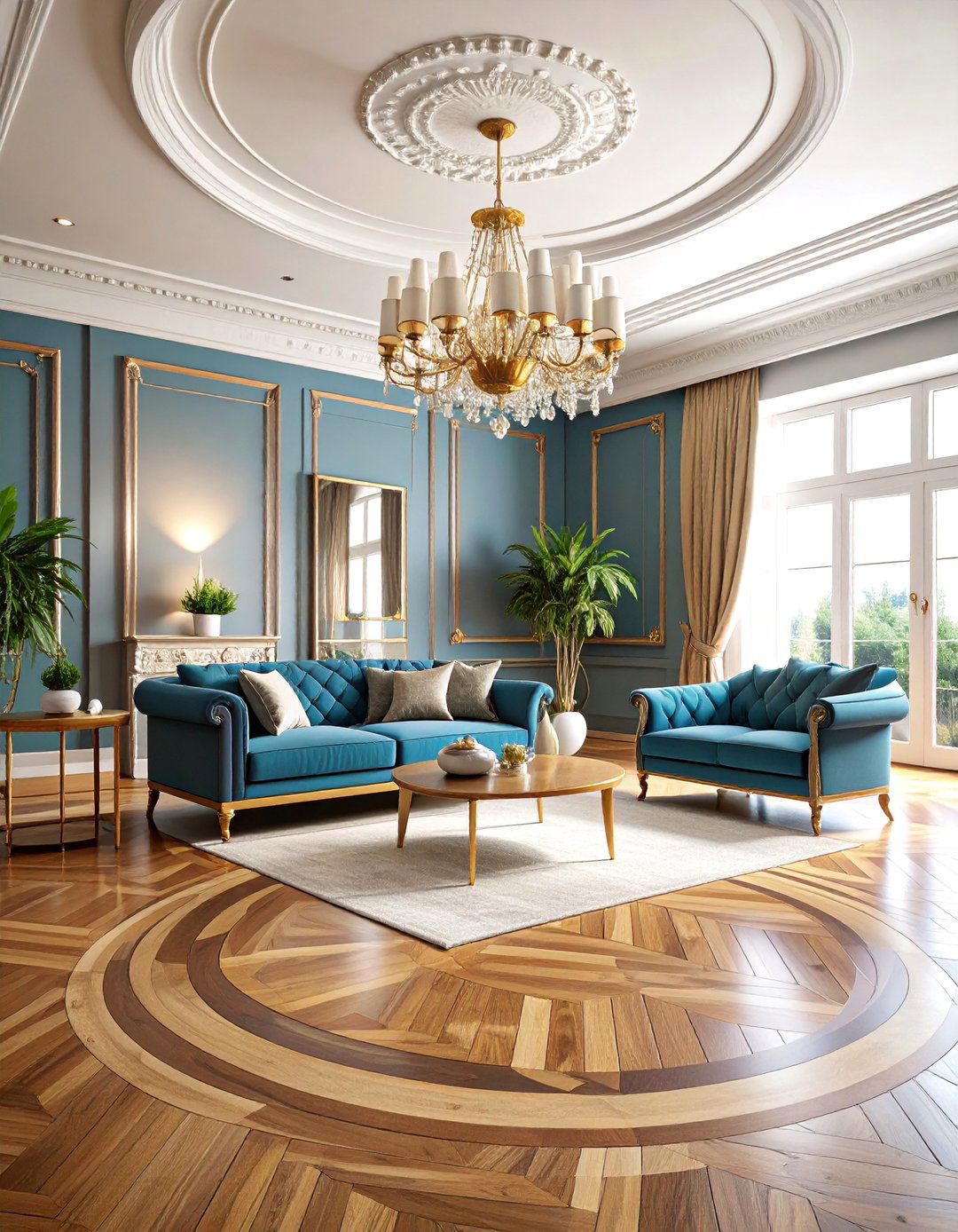 Parquet Medallion Living Room with Artistic Flair - 25 Living Room Wood Floor Ideas