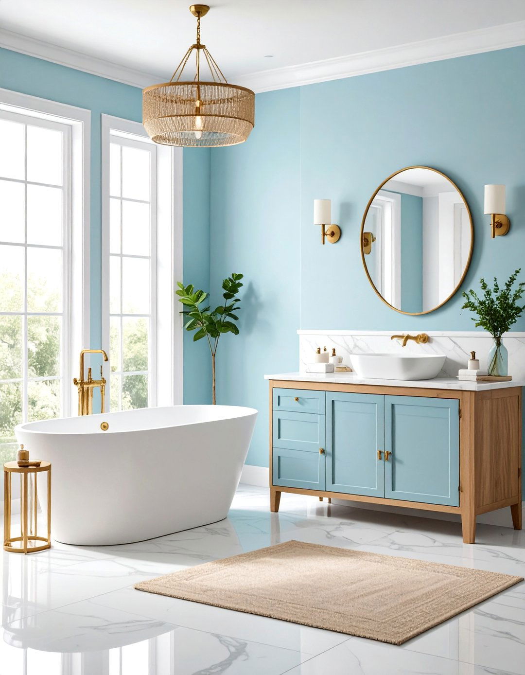 Pastel Blue Bathroom with Brass and White Details - 25 Pastel Room Ideas