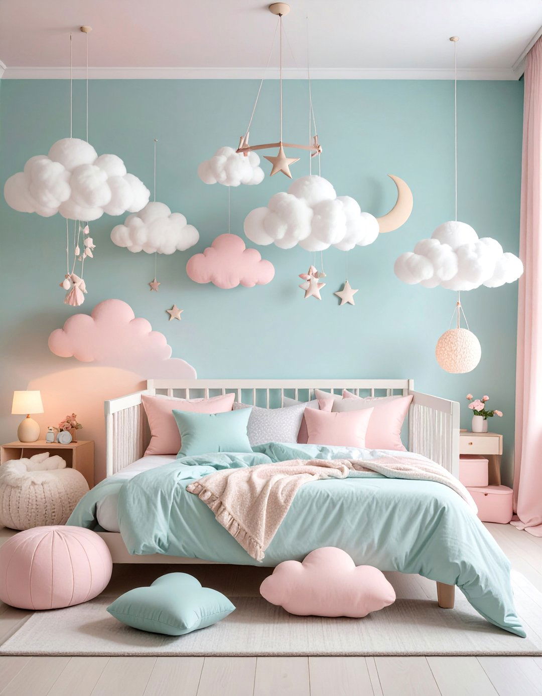 Pastel Cloud Nursery Bedroom with Soft Textures - 25 Cloud-Themed Bedroom Ideas