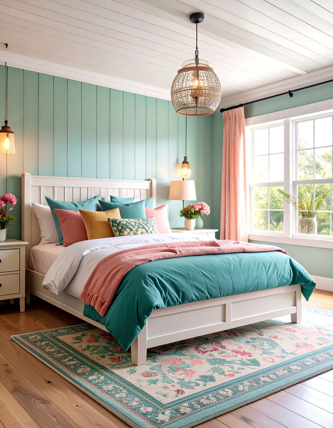 Pastel Pink and Eucalyptus Green Farmhouse Bedroom - 25 Pink and Green Bedroom Ideas